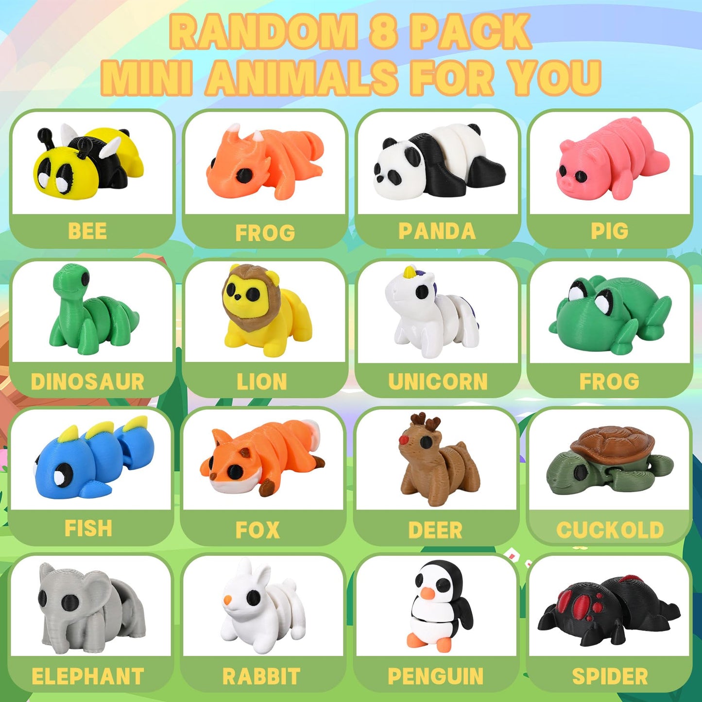 Beesini 8 Pack Mystery 3D Printed Animals, Mini Animal Packs, 3D Printed Articulating Figurines, 3D Printed Toys, Miniatures 3-D