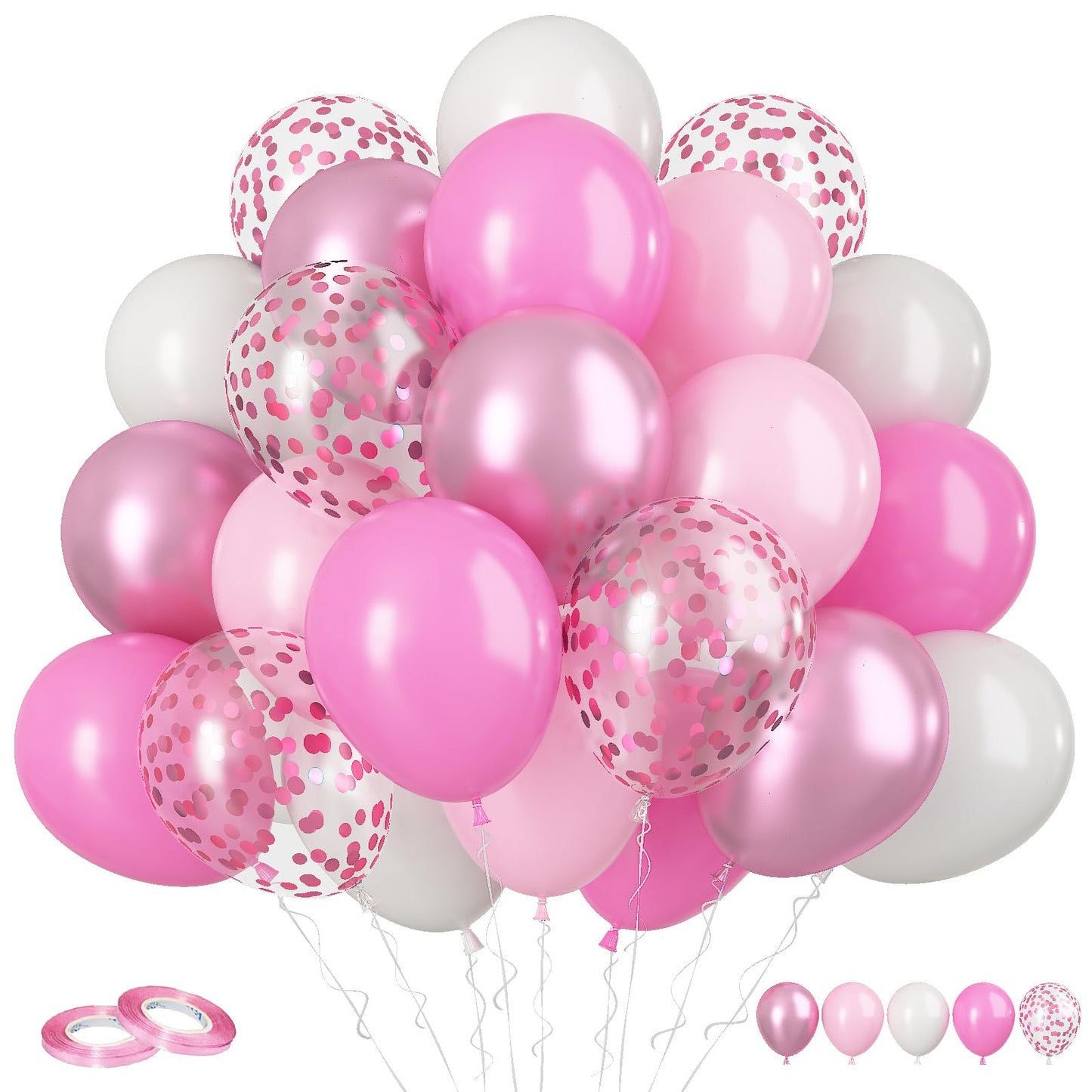 Funhot Pink Balloons, 60Pcs Pastel Pink Pearl White Latex Balloons, 12 Inch Metallic Pink Confetti Balloons Helium For Girls Pri