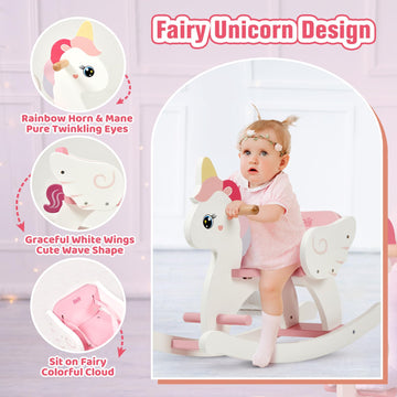 Funlio Unicorn Wooden Rocking Horse Ages 0.5-3, Cute Baby Rocking Horse With Safety Belt & Backrest, Easy To Assemble Toddler Ride On Toys, Cpc & Ce Certified - Pink