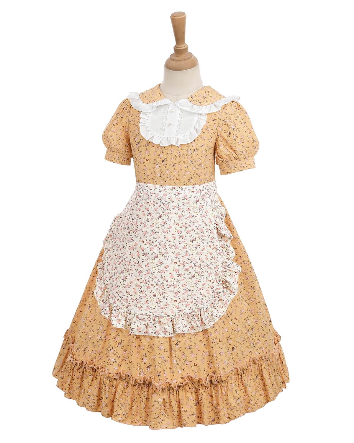 Nuoqi Prairie Dresses For Girls, Yellow Laura Ingalls Wilder Costume Pioneer Colonial Dress With Apron, 8-9