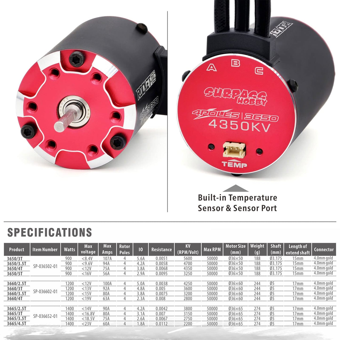 Surpass Hobby 3650 4350kv Brushless Motor and 45A ESC Combo Set Waterproof RC Motor for 1/10 RC Car and Truck