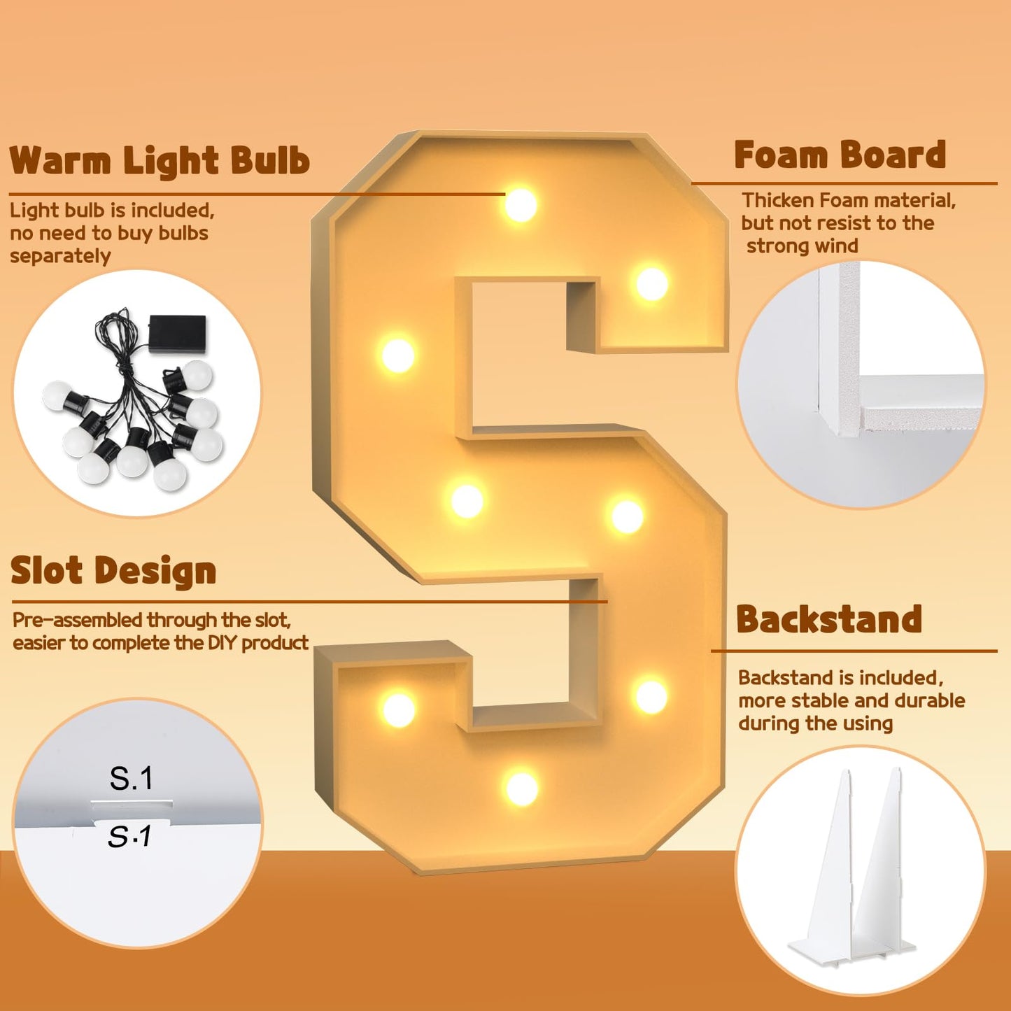 Imprsv Marquee Light Up Letter S, Art Craft Kit For Party Decorations, 3Ft White Foam Board Decor, Baby Shower, Wedding, Engagem