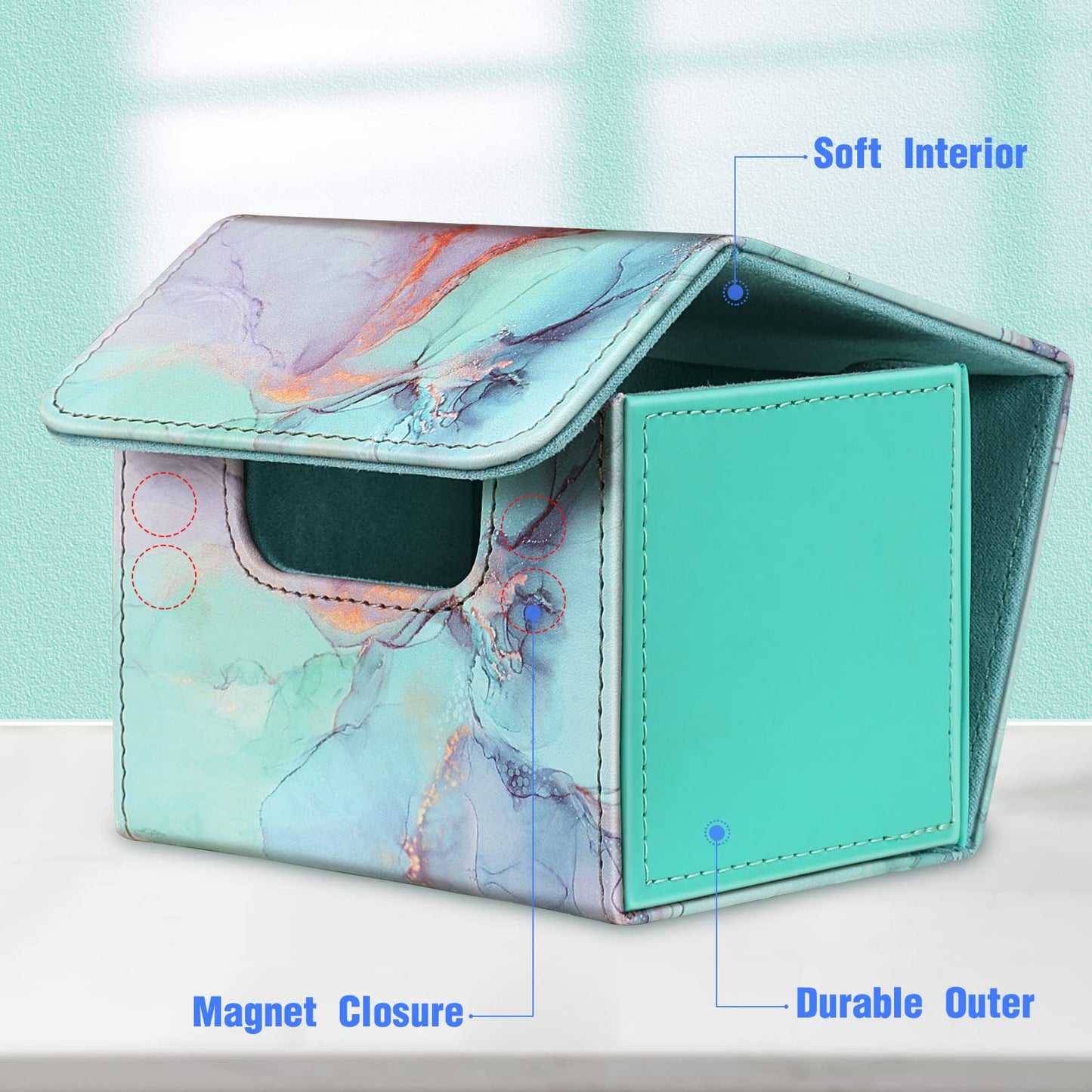 CaseBot Card Deck Box - Magnetic Game Card Case for 180+ Cards, Emerald Marble, Leather Divider