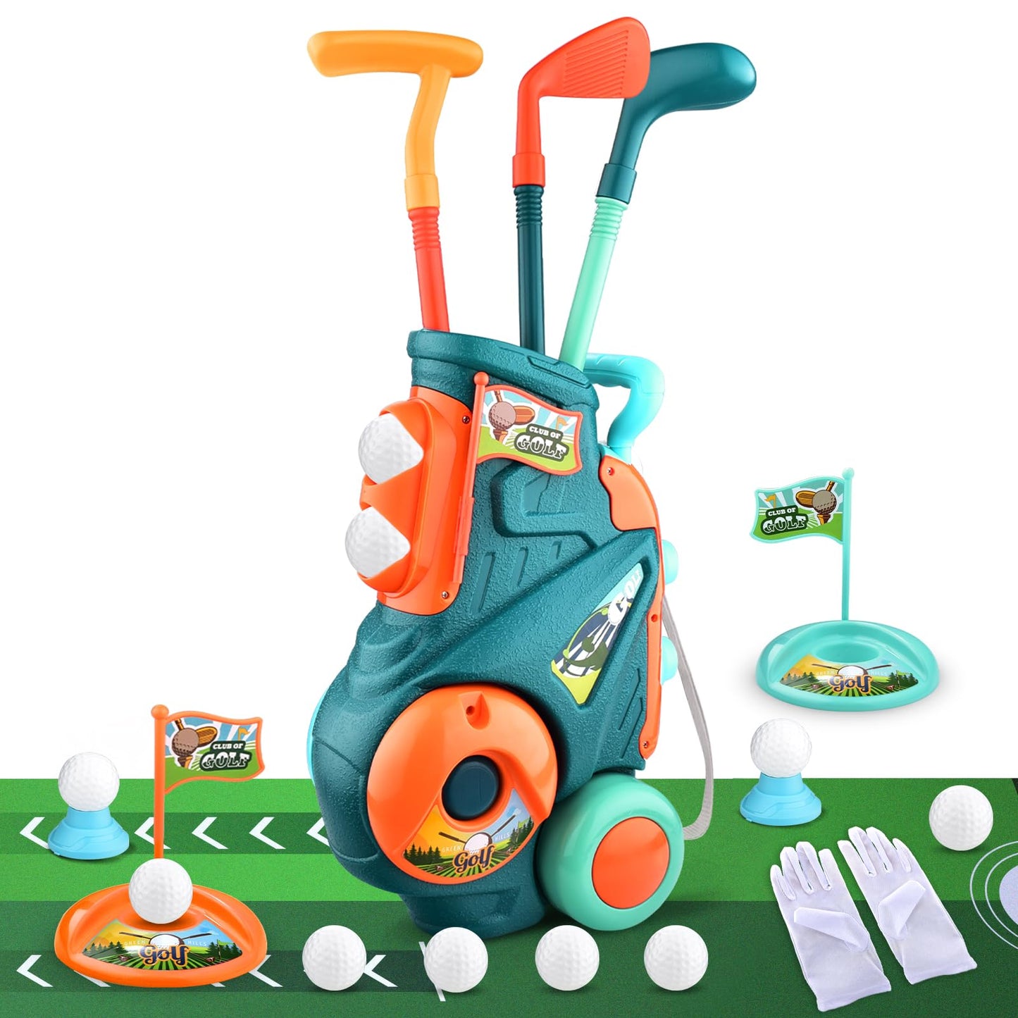 Toddler Golf Set with Putting Mat  Upgraded Kids Golf Cart with Shoulder Strap  Toddler Glove  Plastic Clubs  10 Balls  Indoor Outdoor Sports Toys Birthday Gift for Boys Girls Aged 3 4 5+ Years Old