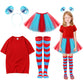KDVOG Girl's Tulle Tutu Costumes Accessories Set, Kids Red T Shirt Tutu Skirt Striped Thigh High Socks Blue Headband for Age 5-1