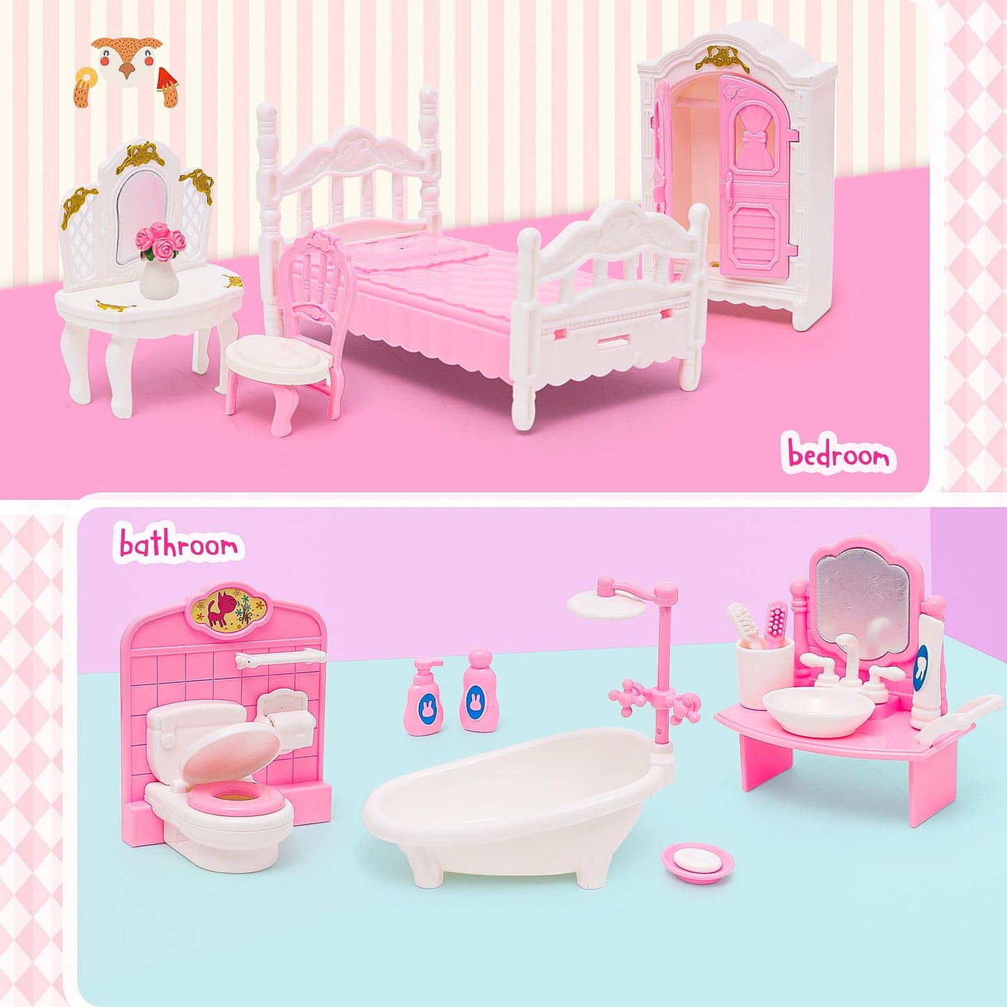 Hapgfs 45 Pcs Dollhouse Furniture Set Accessories Doll House Mini Furniture Pretend Play Bedroom Living Room Bathroom Kitchen Fo