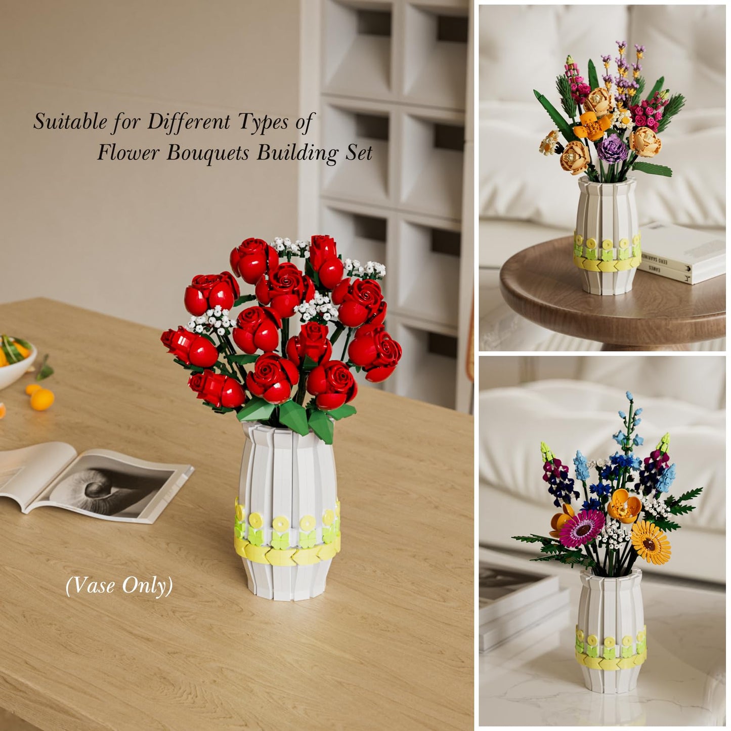 Flower Vase For Lego Bouquet, White Vase Building Set For Lego Roses Sunflowers Wildflower Daffodils Lotus Cherry Blossoms, For