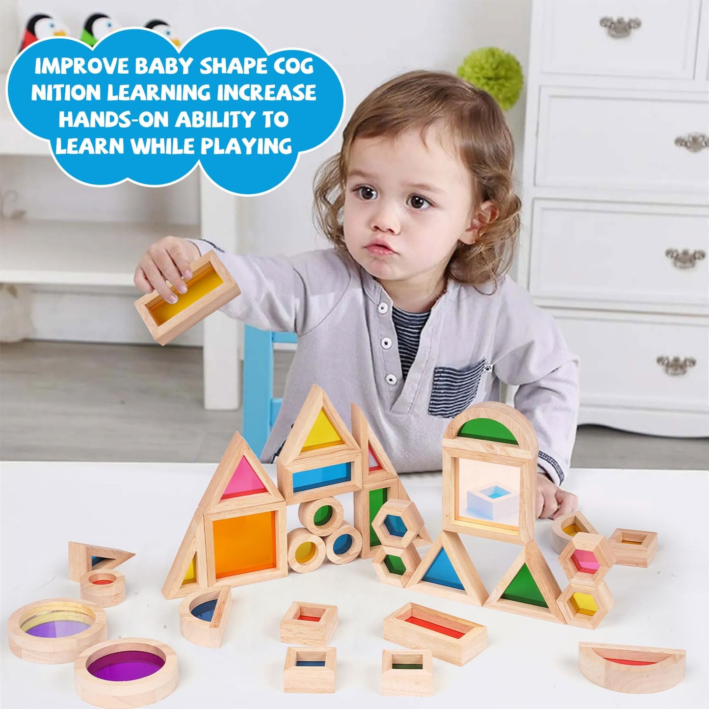 Wooden Rainbow Building Blocks For Kids 32 Pcs Rainbow Stacker Stacking Blocks Game Colorful Construction Toys Preschool Learning Educational Toys -Geometry Wooden Blocks For Boys & Girls