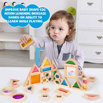 Wooden Rainbow Building Blocks For Kids 32 Pcs Rainbow Stacker Stacking Blocks Game Colorful Construction Toys Preschool Learning Educational Toys -Geometry Wooden Blocks For Boys & Girls