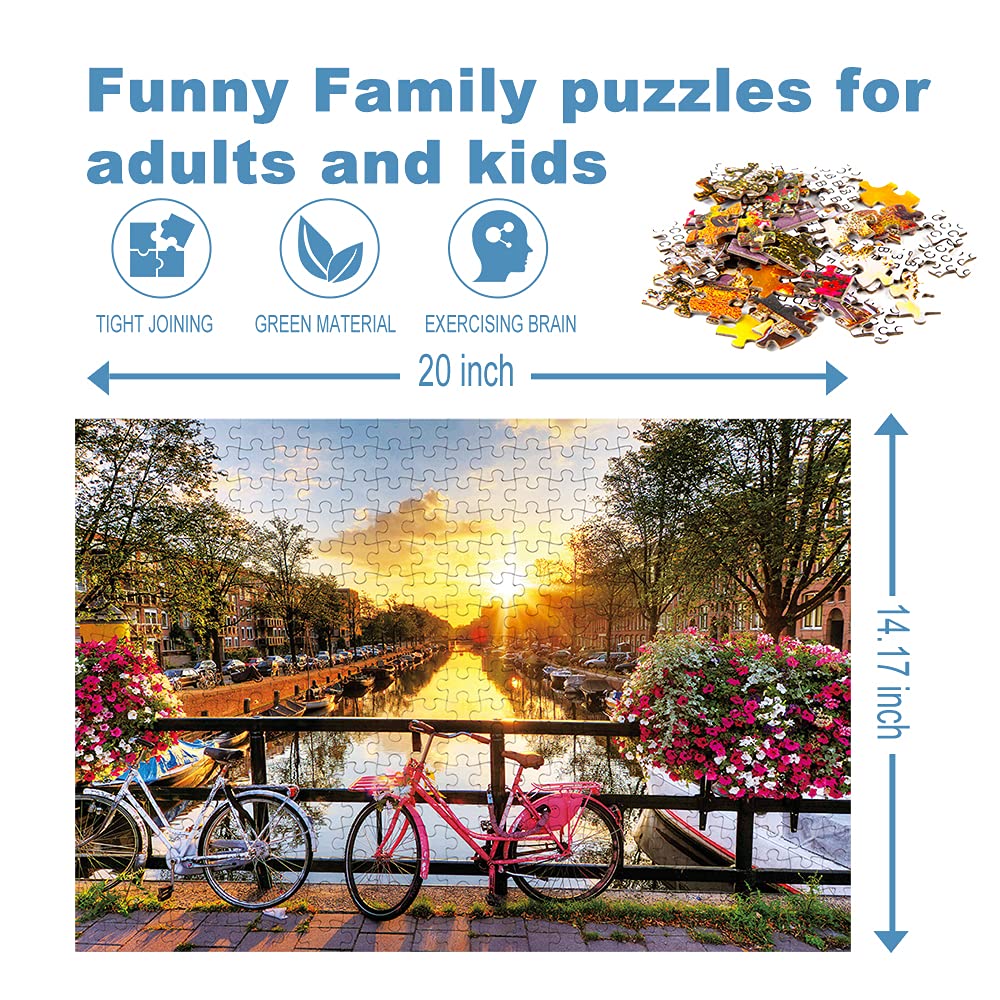 SiTimmGer Puzzles for mature-themeds Jigsaw 500 Piece Spring Flower Quiet River Sunrise Picturesque Amsterdam with Bicycles Landscape 500 Piece Puzzle Art for Family Fun mature-themed Kids Puzzle Games 14.5 x 20