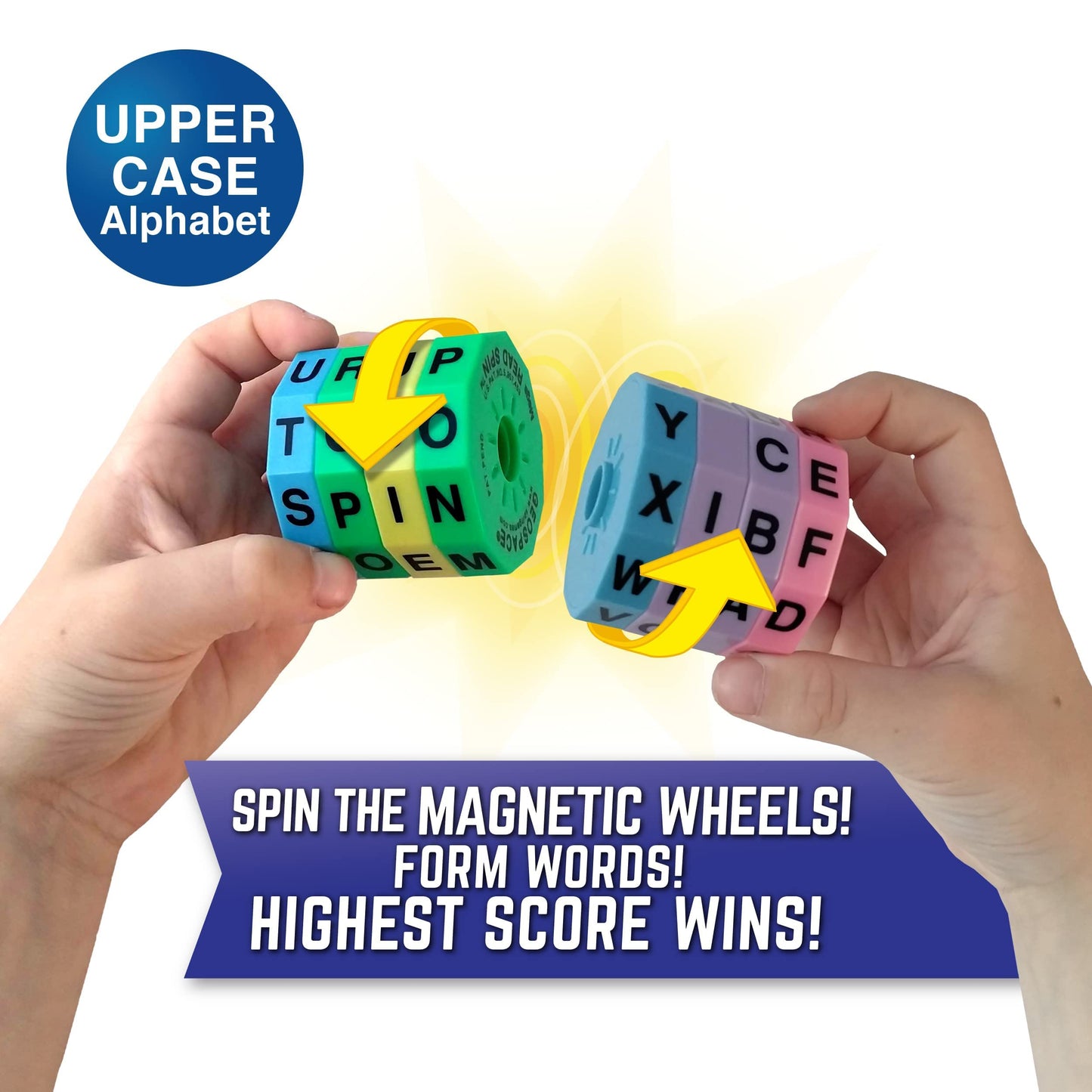 Geospace Read Spin Education Game for Kids - A Handheld Magnetic Spelling Game with Storage Pouch (Upper Case Letters)