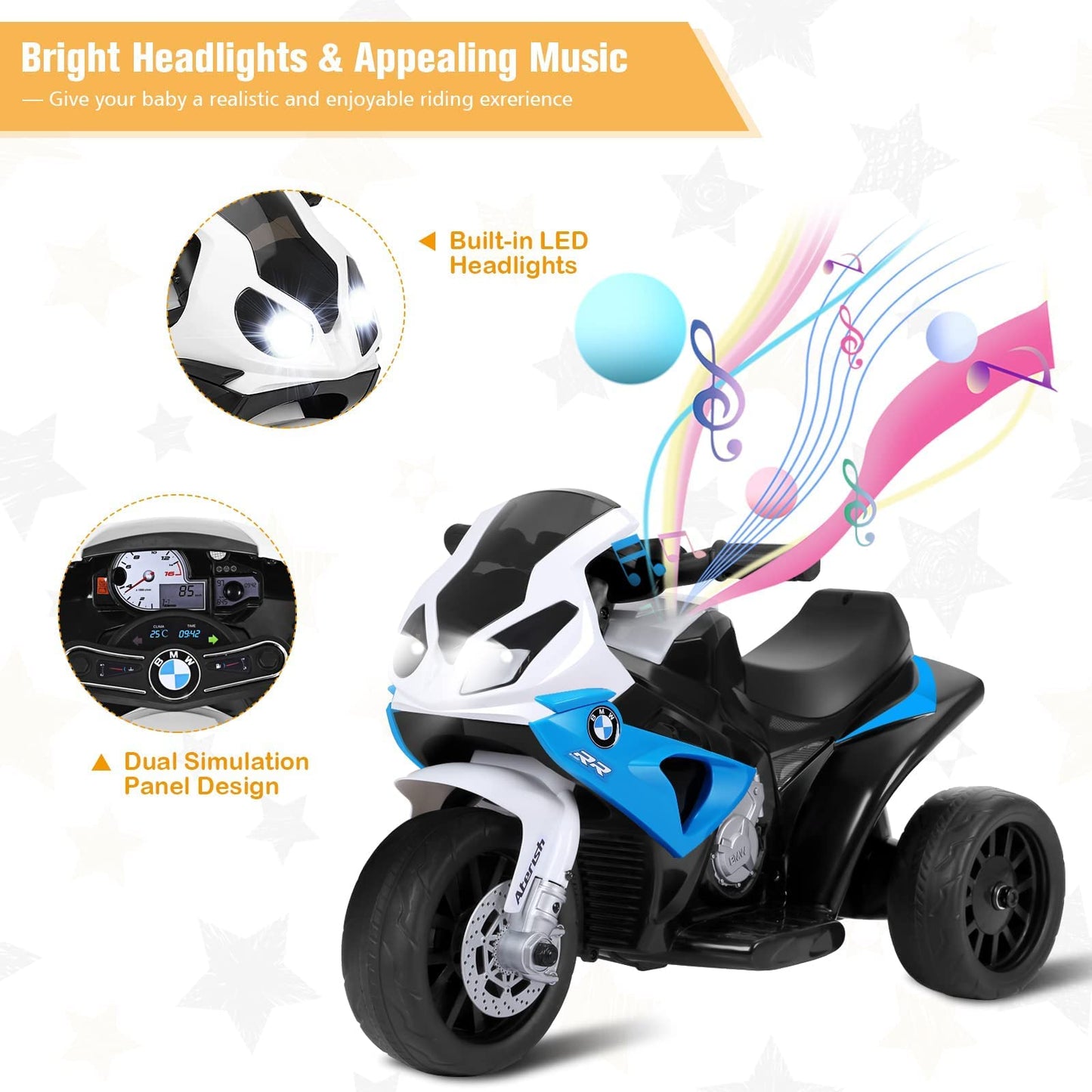 OLAKIDS Kids Ride on Motorcycle, 6V Licensed BMW Electric Motor with Music, Foot Pedal, Headlight, Leather Seat Cushion, 3 Wheel