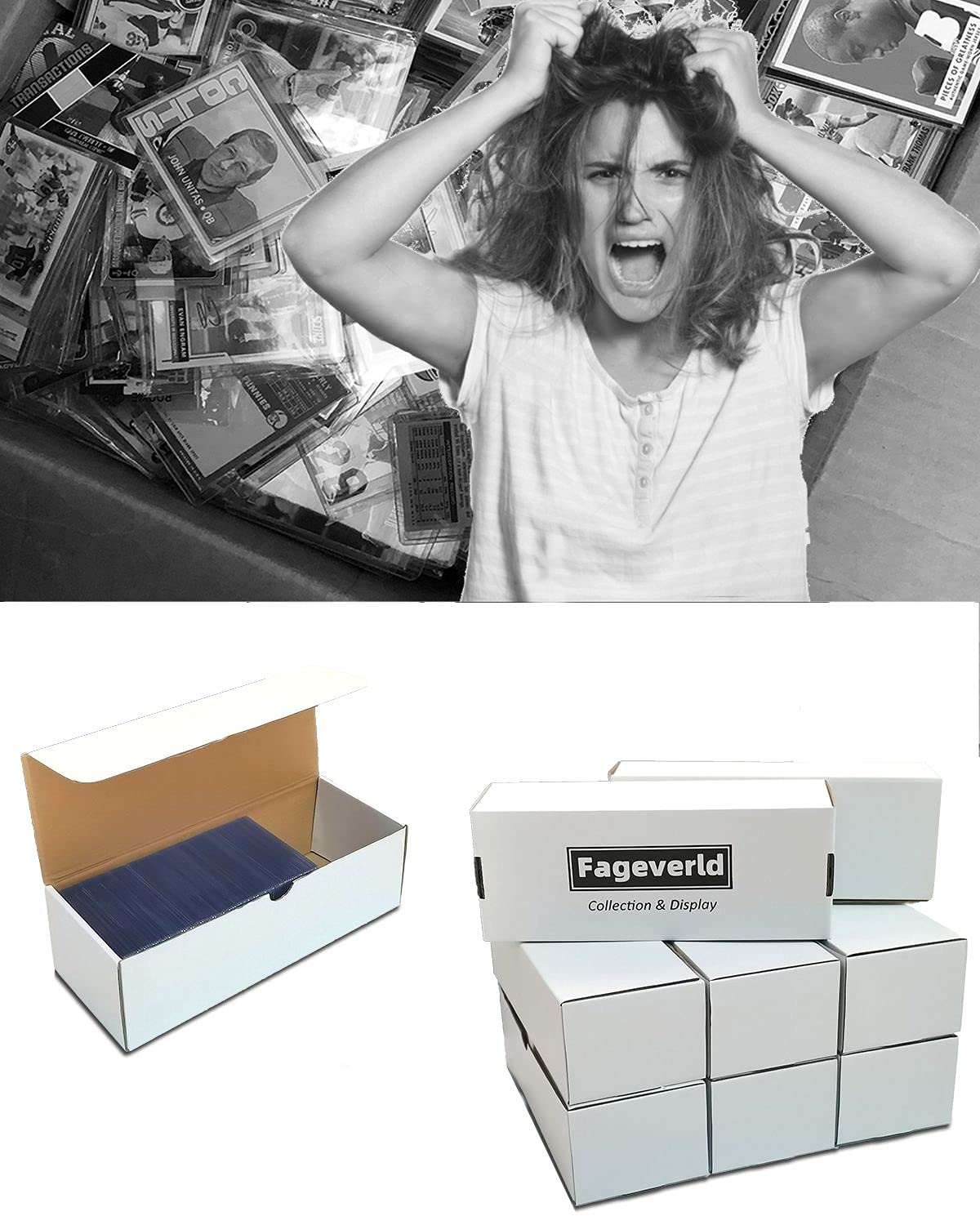 Fageverld Toploader Storage Box - Cardboard, Holds 1200 Sports Cards, 8 Count, White