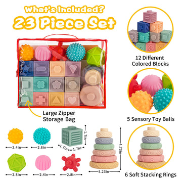 Springflower 3 In 1 Montessori Toys For Babies 0-3-6-12 Months, Soft Baby Teething Toys, Stacking Building Blocks For Infants, Sensory Developmental Education Toys For Toddler Baby 12-18 Months,23 Pcs
