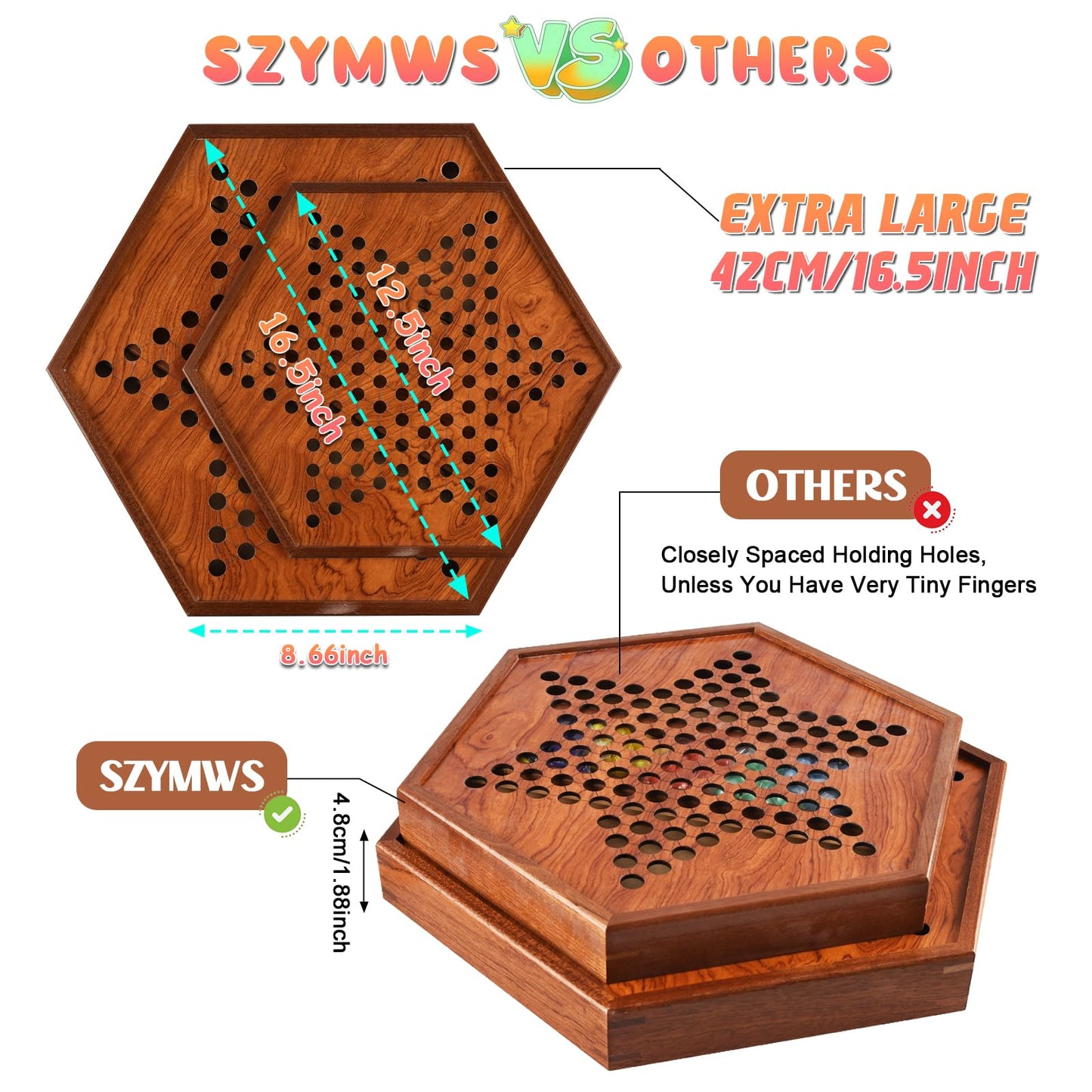 16.5 Inches Extra Large Wooden Jumbo Chinese Checkers Board Game Set With Drawers For Up To 6 Players Classic Strategy Game | Ea