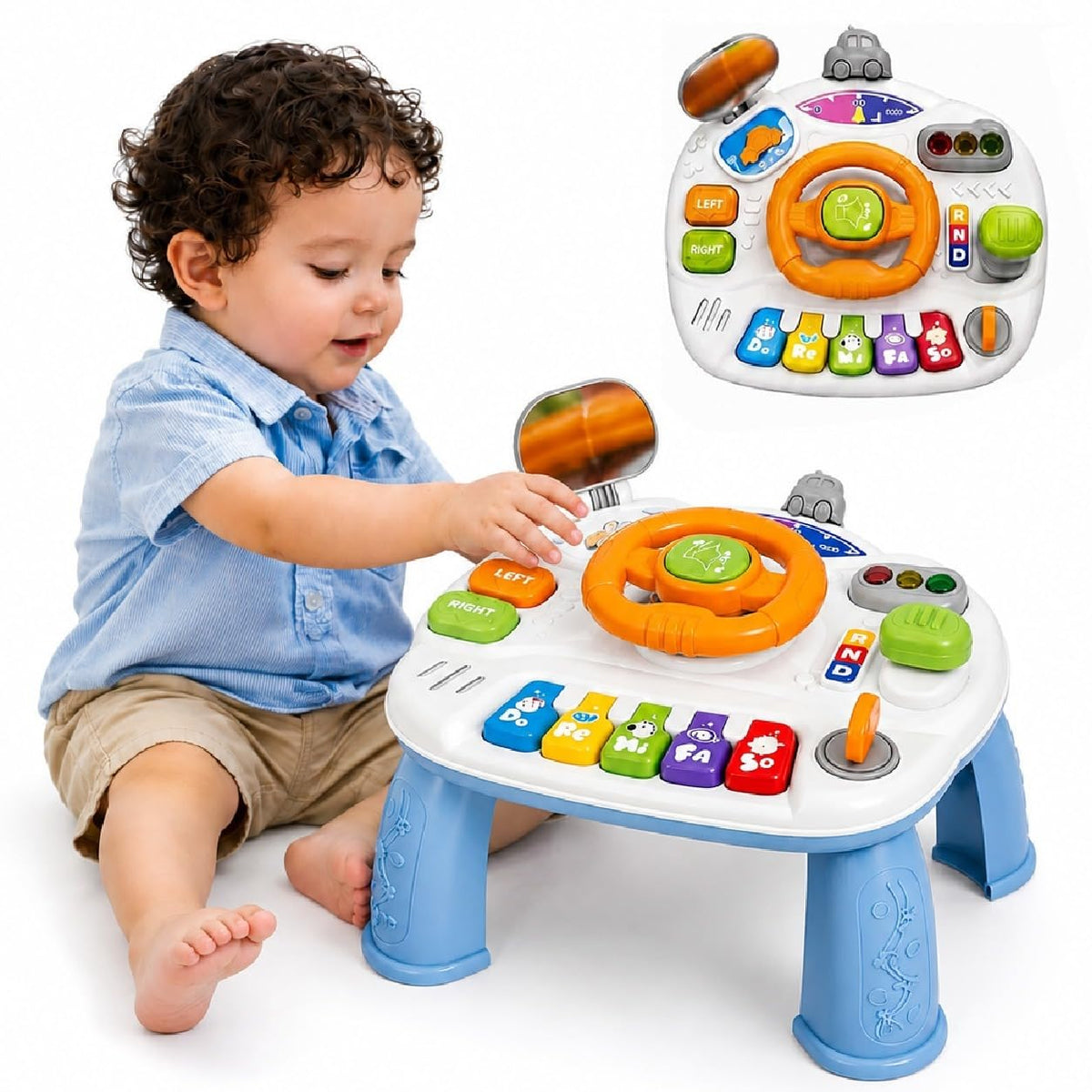Baby Activity Table for Toddlers 1 Year Old with Steering, Piano Keys, Lights, Music, Self Start Key and Gear Shift Knob, Learni