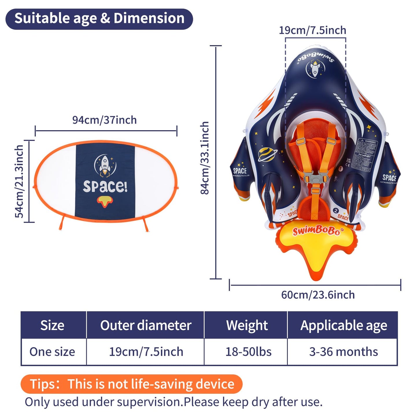 Swimbobo Baby Swimming Float Kids Inflatable Swim Ring with Safety Support Bottom Swimming Pool Accessories for 3-36 Months (Deep Blue Spaceship  Large)