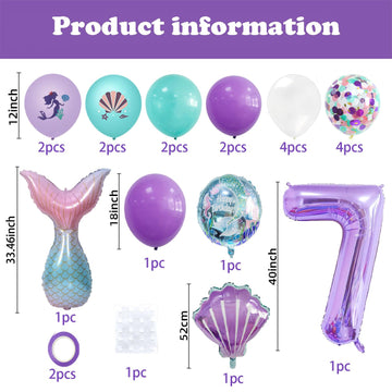 Bearfun 40In Purple Number 7 Balloon, Giant Large 7Th Birthday Decoration, Mermaid Balloons, Children'S Party Supplies