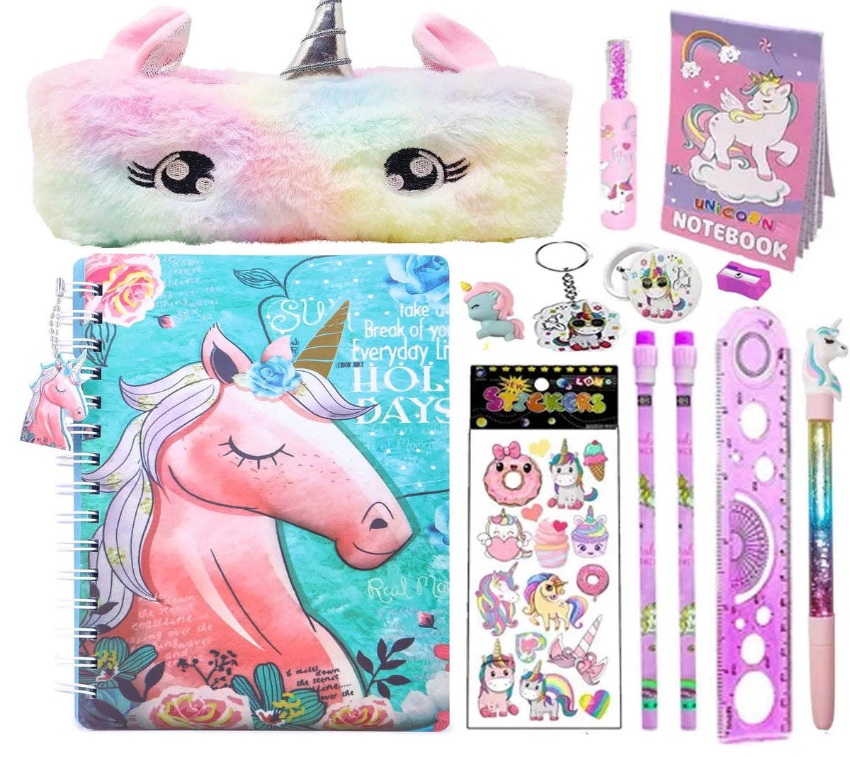 13Pcs Unicorn Stationery Combo Gift Set For Kids Unicorn Fur Pencil Pouch With B5 Size Diary & All Stationeries Party Favor Ret