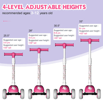 Mountalk Foldable Kids Scooter For Kids Ages 3-5/6-12 Years, 3 Wheels Scooter For Boys And Girls With Adjustable Heights And Led Wheels(Unicorn)