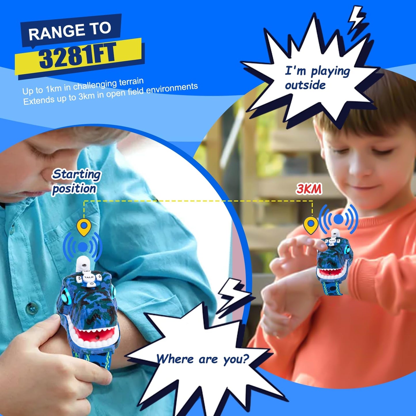 Azyfei Dinosaur Walkie Talkies For Kids - 2 Way Radios Toys For Boys & Girls Ages 3-12 - Long Range, 3 Channels - Outdoor Advent