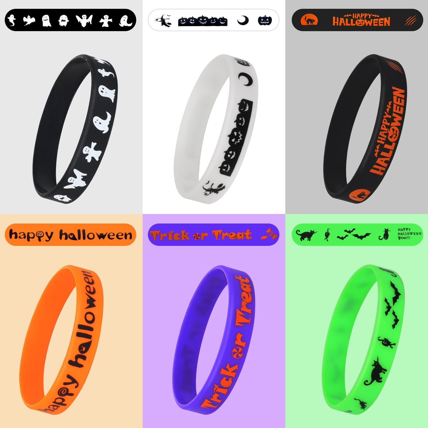 JUNEBRUSHS 24Pcs Halloween Silicone Bracelets Halloween Favors Supplies Rubber Wristbands for Kids Party Trick or Treat Goodie B