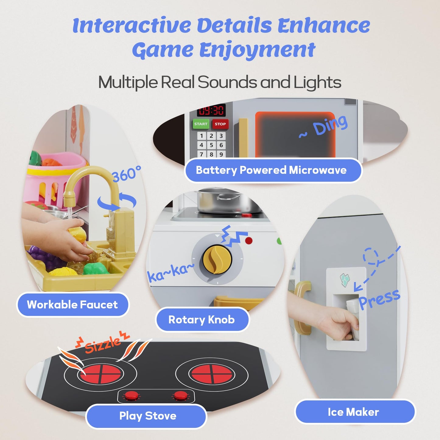 Play Kitchen For Kids, Wooden Play Kitchen With Toy Storage System, 21Pcs Accessories Included, Oven Faucet, Microwave, Ice Make