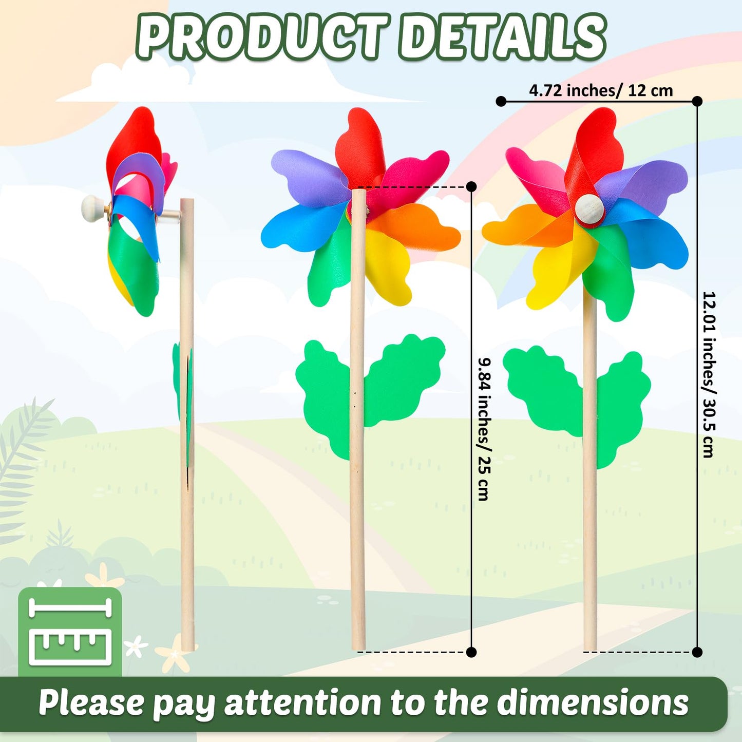 160 Pcs Rainbow Flower Pinwheels 9.84 Inch Plastic Colorful Windmills Garden Pinwheels Flower Wind Spinners With Wood Sticks For