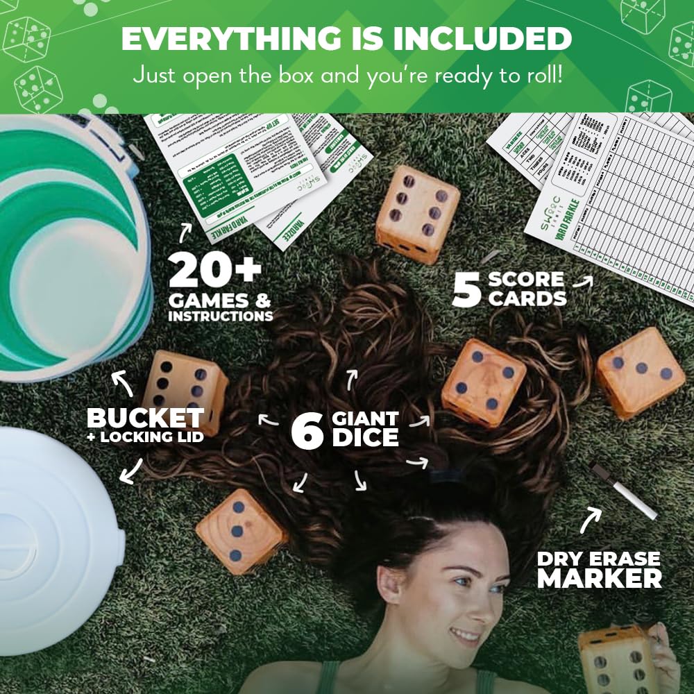 SWOOC Games - Yardzee, Farkle & 20+ Games - Light-Weight Yard Dice Game Set (All Weather) with Collapsible Bucket, 5 Big Laminat