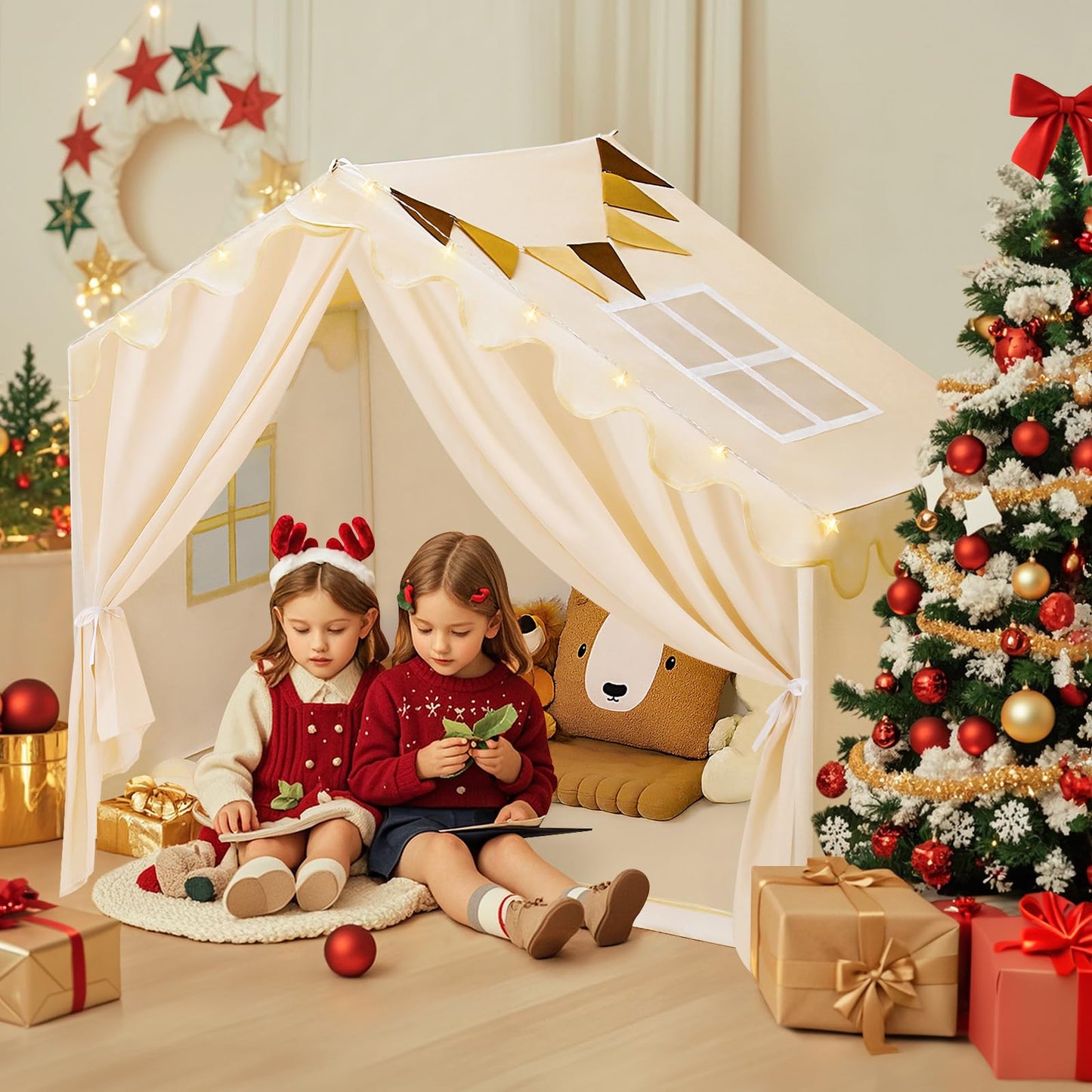 PIIKAGO Kids Tent Indoor with Stat Lights - Play Tent for Kids Ages 4-8  Toddler Playhouse with Cloth Curtain for Girls Boys  57  x 35  x 47  (Beige)