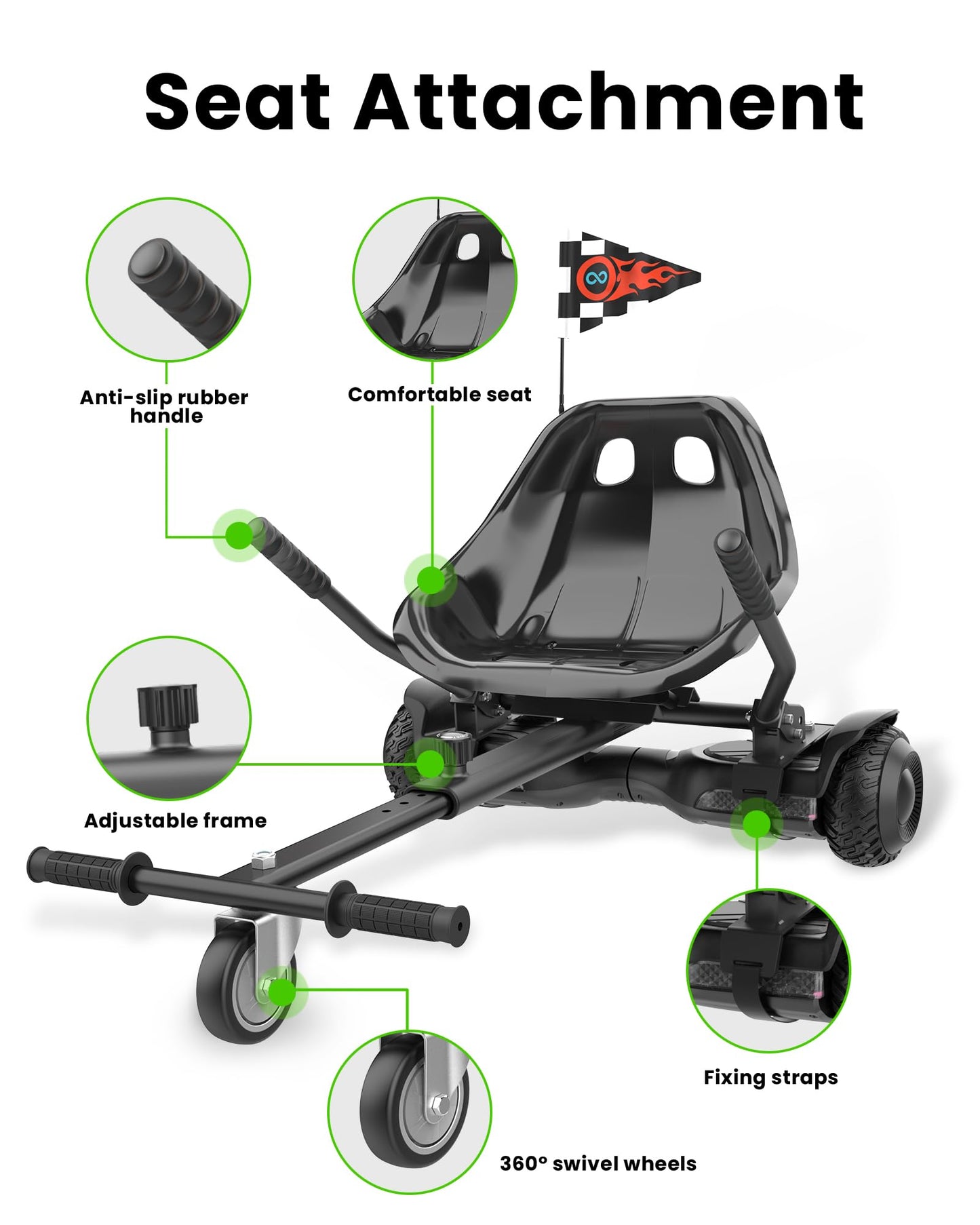 Awwscooter K1 Go-Kart Seat Attachment for 6.5"/8"/10" Scooters, Classic Black, Adjustable Frame, Easy Install