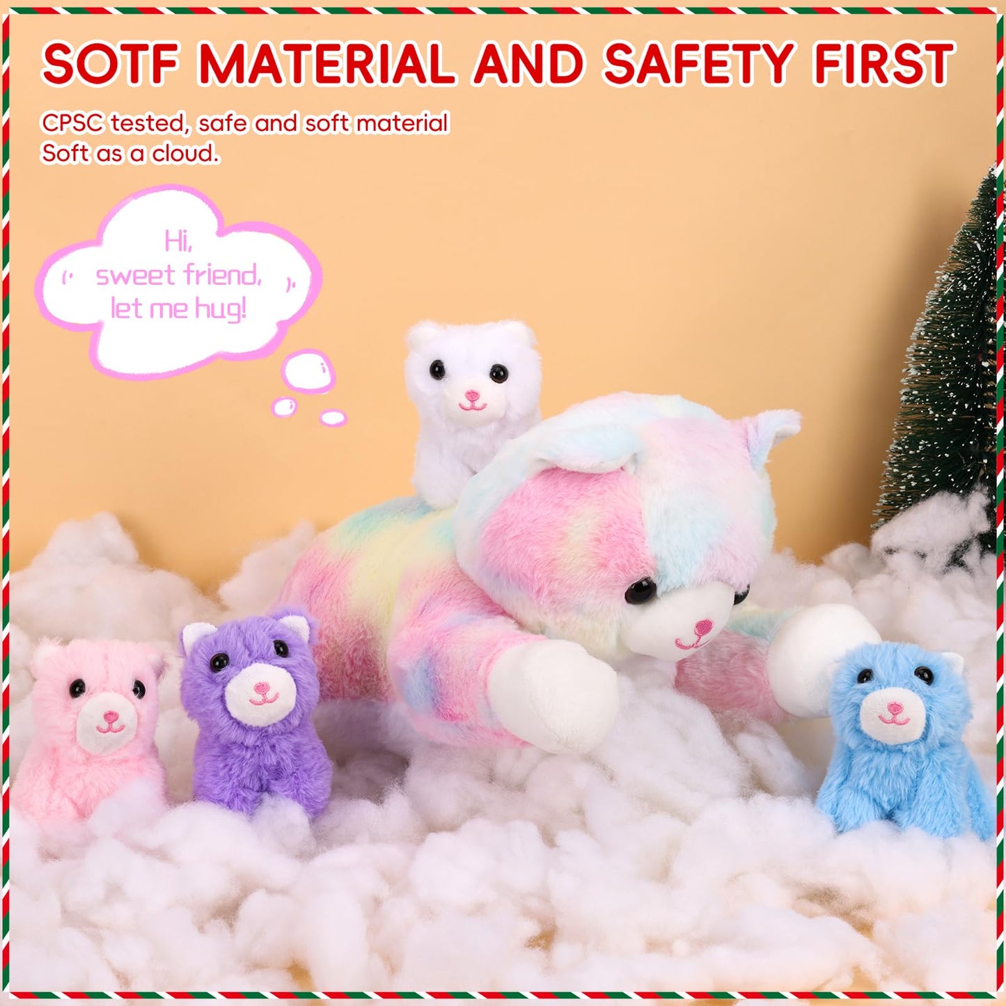 5 Pieces Cat Stuffed Animals For Girls, 1 Big Colorful Mommy Cat With 4 Mini Kittens, Soft Plush Toys For Kids Age 3 And Up, Gre