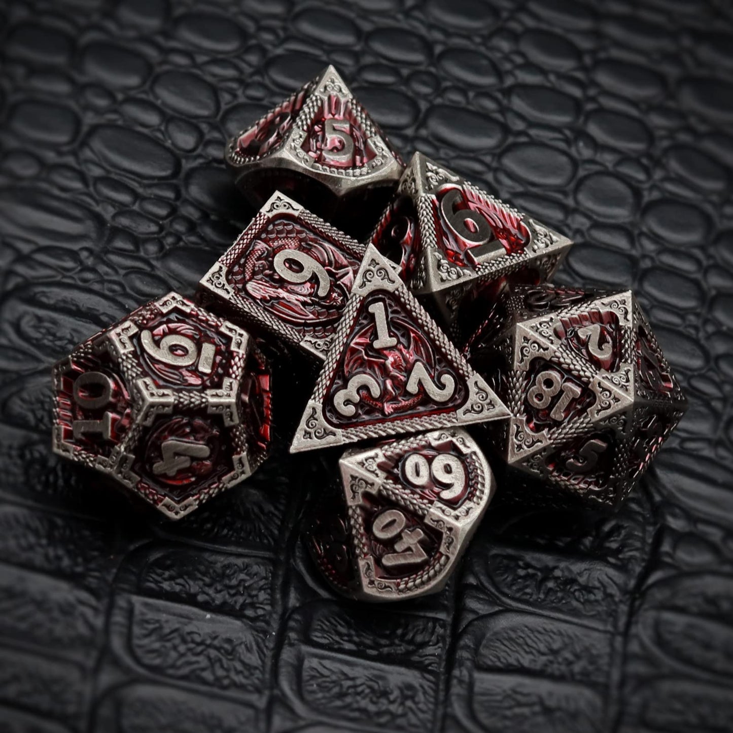 Haxtec DND Dice Set Metal D&D Dice Set with Leather Dice Bag Antique Iron Red Metal Polyhedral Dice for Dungeons and Dragons TTR