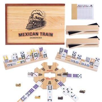 Double 15 Mexican Train Dominoes Set for mature-themeds with 8 Wooden Trays  8 Train Markers with Velvet Pouch  136 Color Dot Tiles  Solid Wood Hub & Scorepad in Drawer Box - Classic Family Board Game Gift