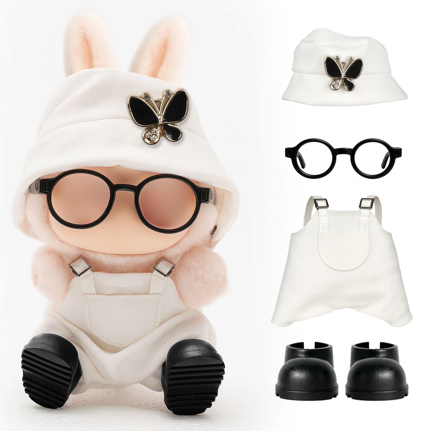 4pcs Dolls Outfit Set  Hat & Overalls for 17 cm Doll Clothes Accessories Suit  Stylish Clothes for Doll  Cute Outfits for Dress up Unique Style with enhanced Fabric  White