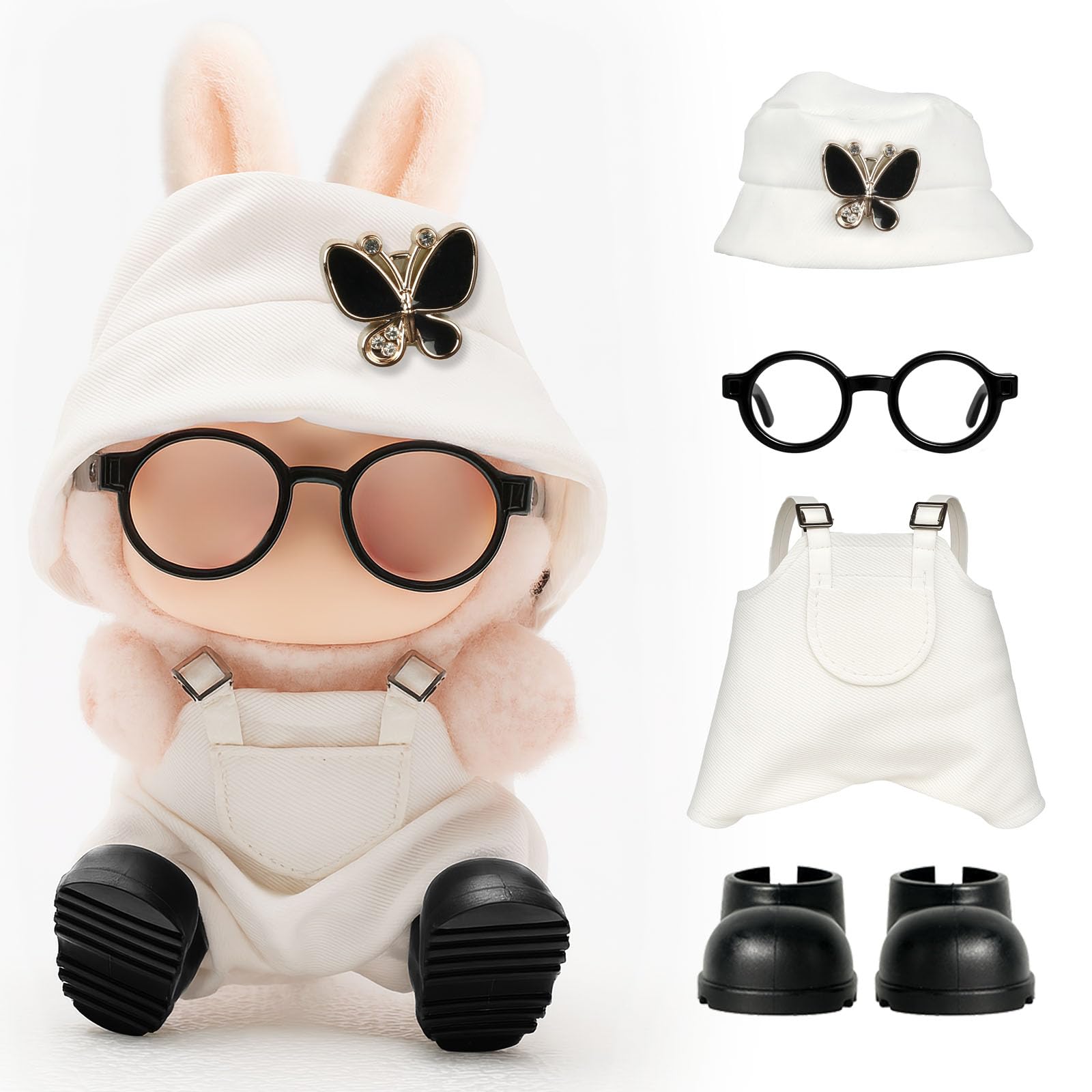 4pcs Dolls Outfit Set  Hat & Overalls for 17 cm Doll Clothes Accessories Suit  Stylish Clothes for Doll  Cute Outfits for Dress up Unique Style with enhanced Fabric  White