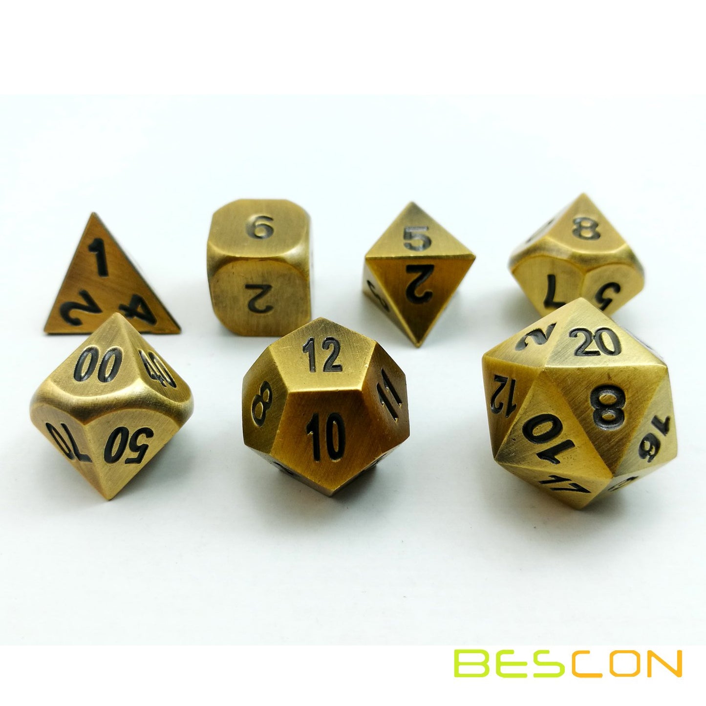Bescon Brass Solid Metal Polyhedral D&D Dice Set of 7 Copper Metal RPG Role Playing Game Dice 7pcs Set