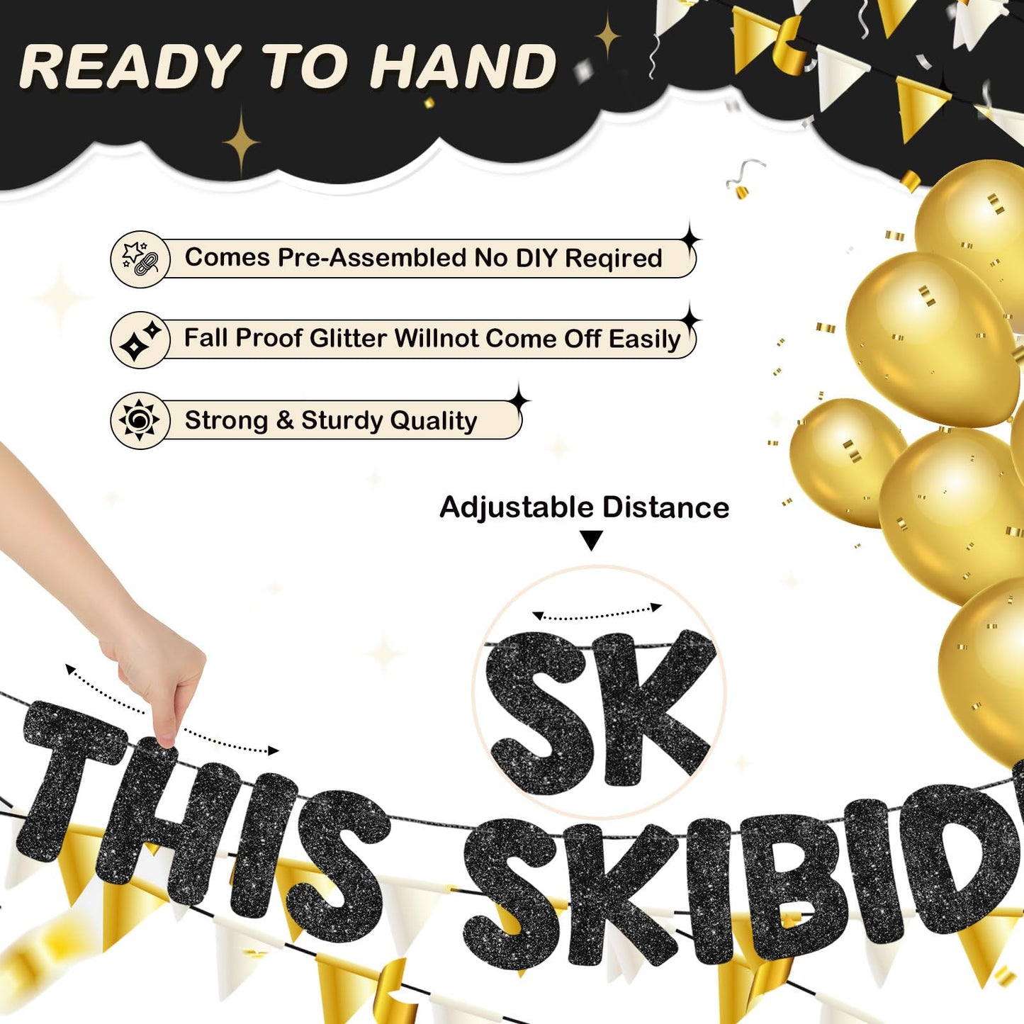 Fulmoon Pre Strung This Skibidi Rizzler Is 11 No Cap Glitter Banner 11th Birthday Party Decorations, Funny Birthday Sign, Party