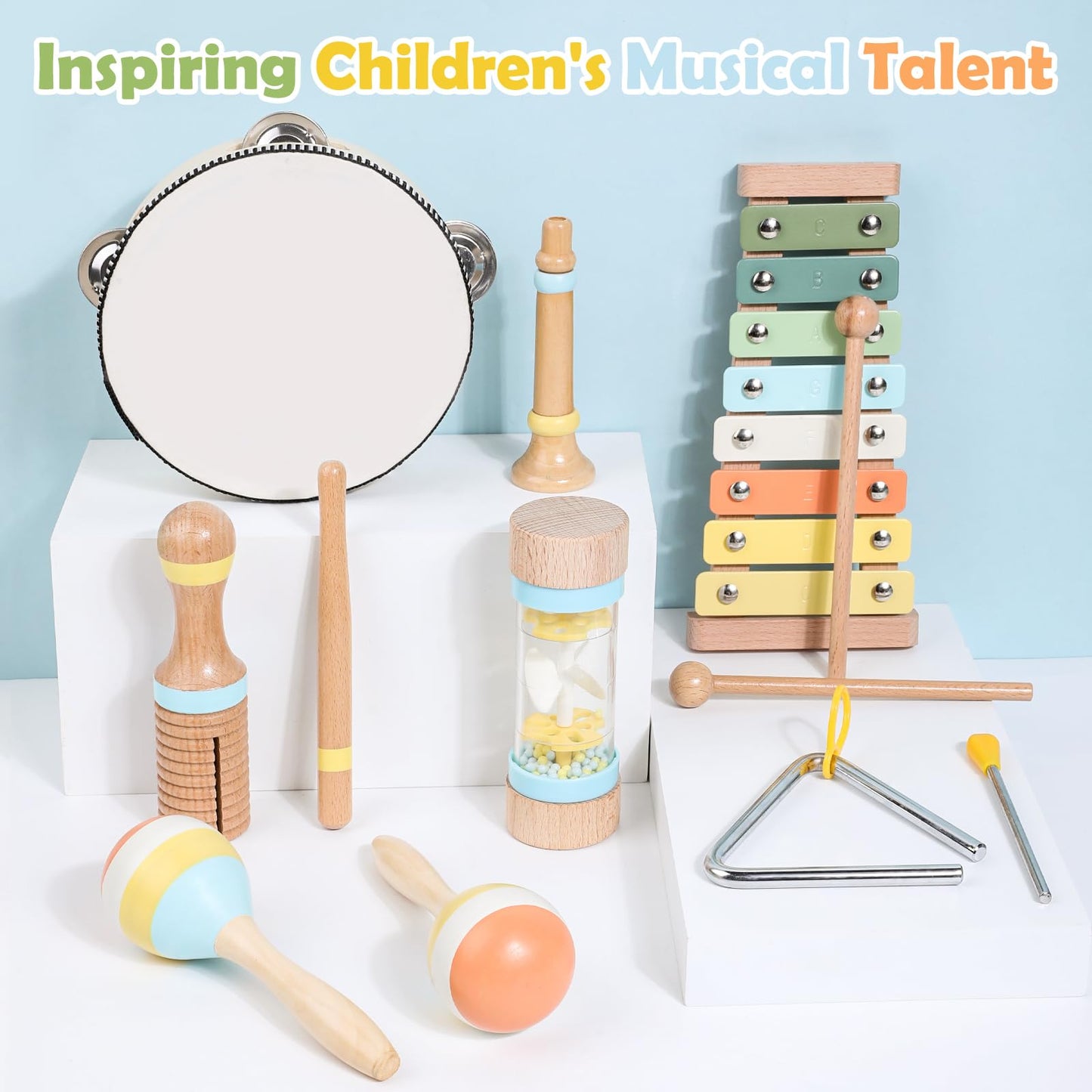 Wooden Montessori Musical Instruments Set for Toddlers 1-3, Preschool Educational Music Toys for Boys Girls, Percussion Instrume