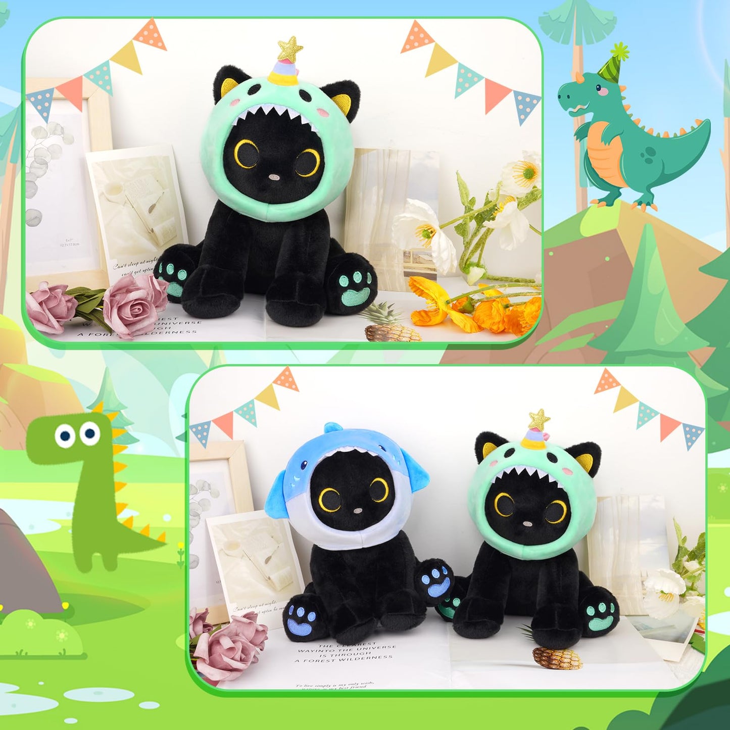 Hagusahuo Dinosaur Plush  8inches Black Cat Plush with Green Dino Plushie Hood Removable  Cute Plushies Shiny Dinosaur Stuffed Animal Doll Toy Birthday Gifts for Kids Boys Girls