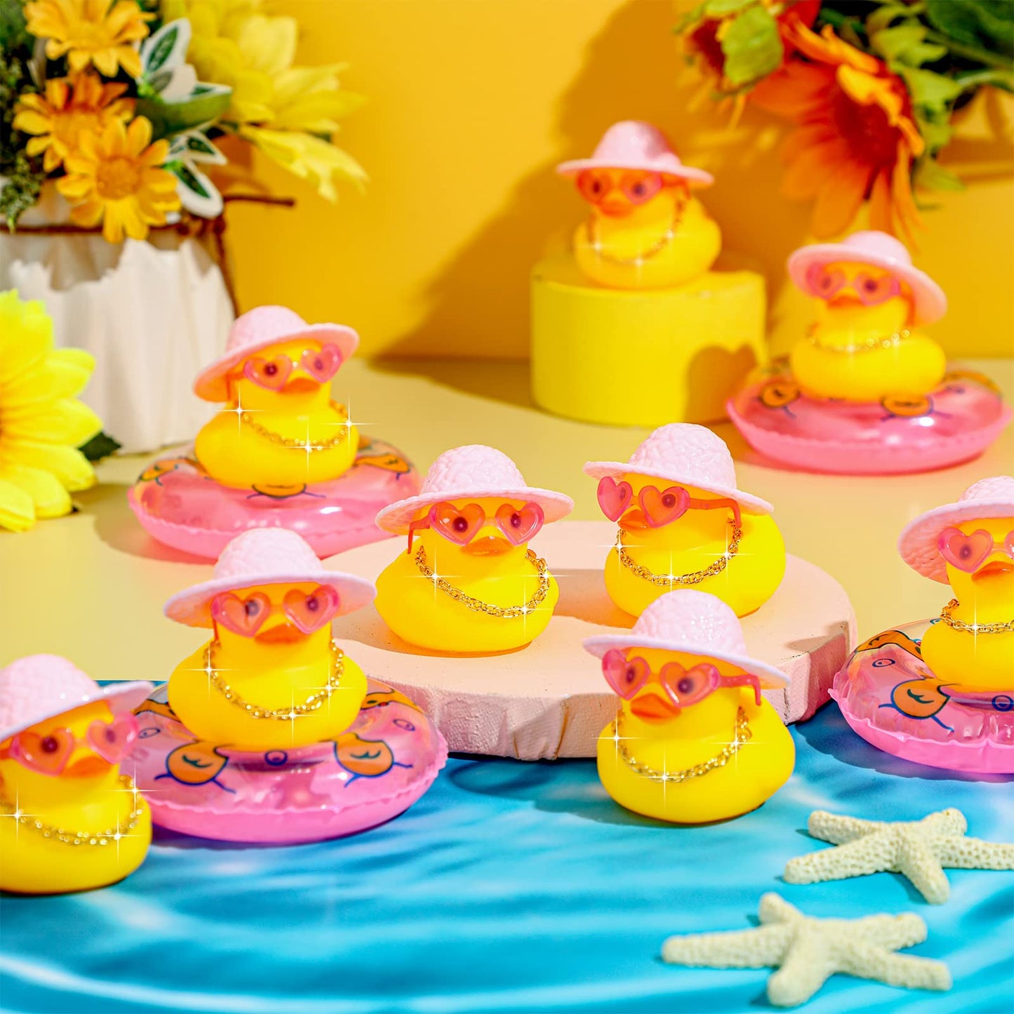 Sotiff Mini Rubber Ducks Bulk For Kids Children Cute Yellow Duck Toy For Dashboard Of Car Bathtub Ornaments With Sunglasses Swim Ring Mini Hat Necklace And For Baby Shower(12 Sets,Sweet)