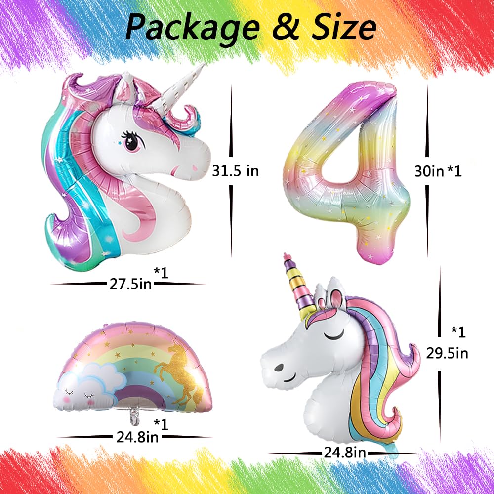 Unicorn 4Th Birthday Party Decorations For Girl Purple Pink Unicorn Party Theme Balloon Set, Large Rainbow Unicorn Helium Balloo