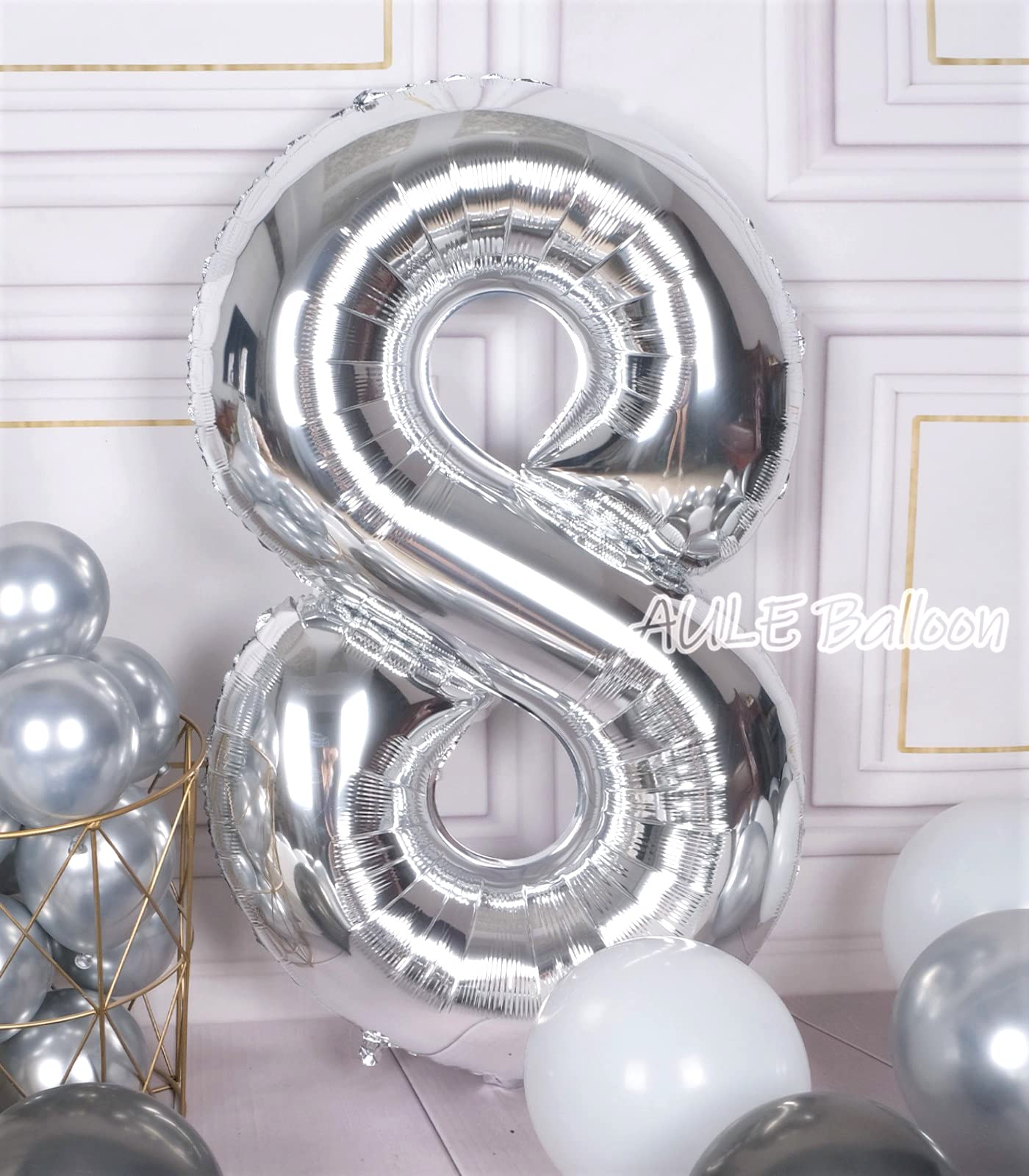 Aule 40 Inch Big Silver 8 Balloon Number Large Foil Helium Number Balloons 0-9 Jumbo Giant Happy 8Th Birthday Party Decorations
