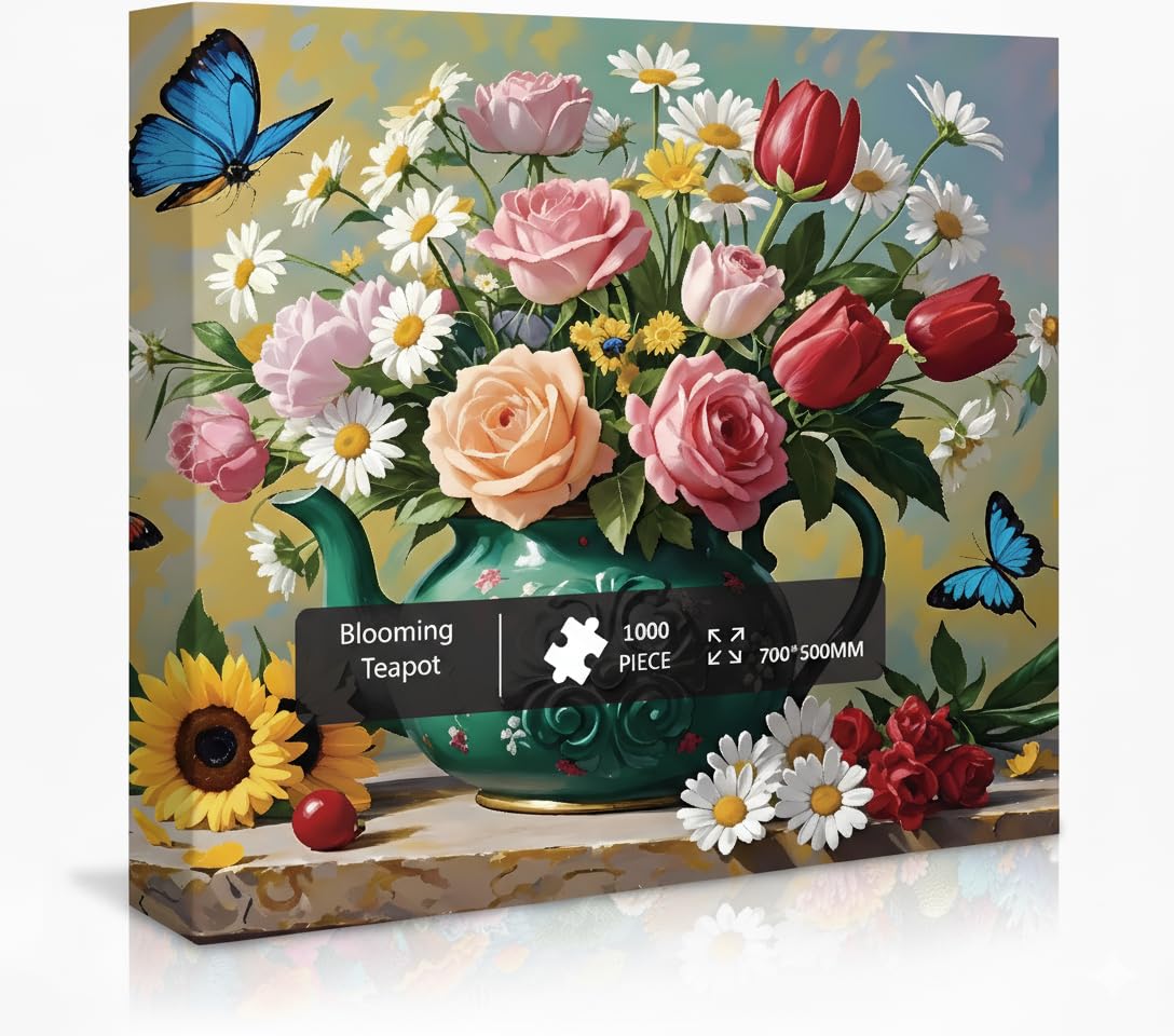 Tomzio 1000 Pieces Jigsaw Puzzles for mature-themeds  Floral & Bird Series - Exquisite Nature Art & Seamless Fit  Calming Brain Teaser  Large 28 x 20  Great Gift for Garden Lovers(Blooming Teapot)