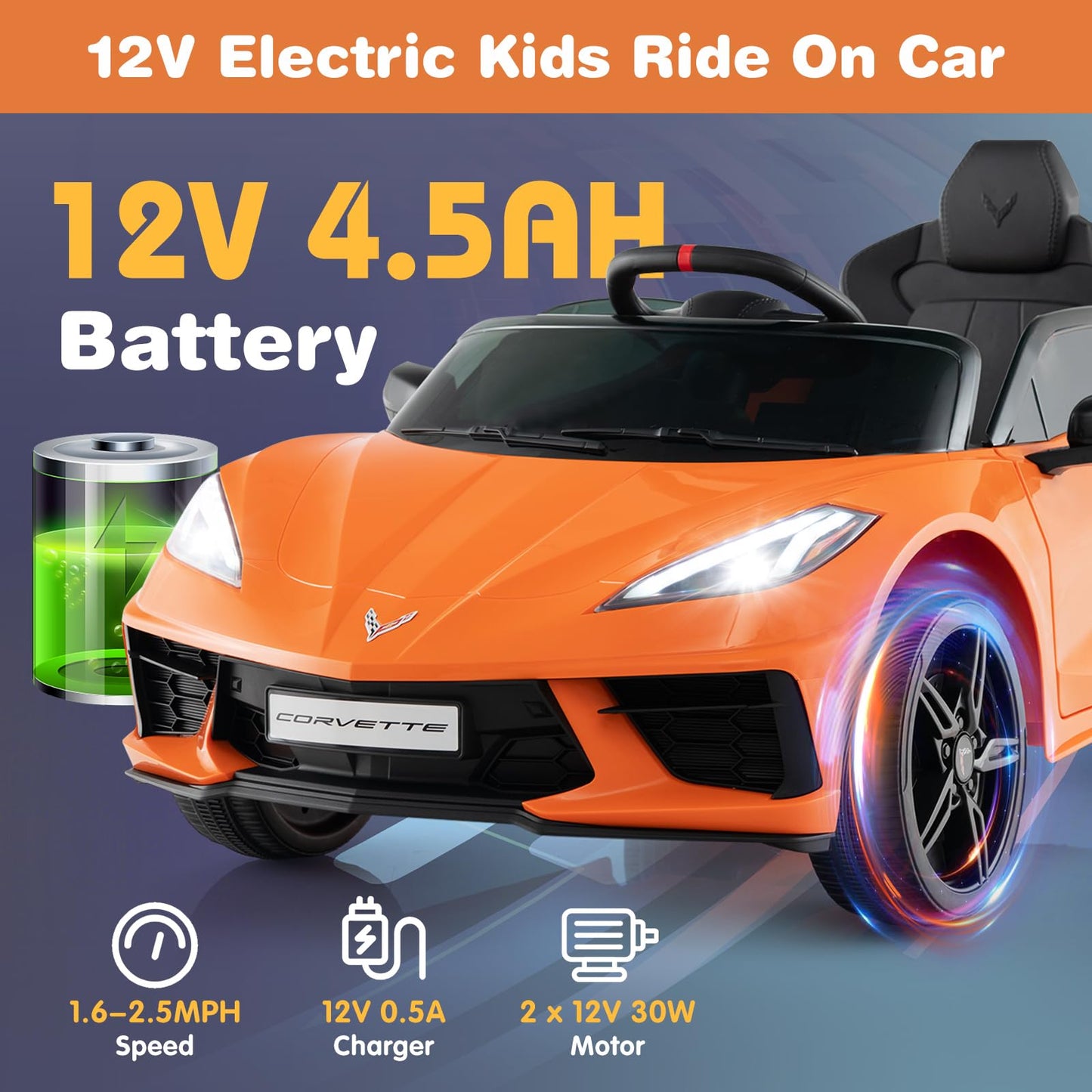 Costzon Ride On Car  Licensed Chevrolet Corvette C8 Kids' Electric Vehicles w/Remote Control  Wireless Connection  Lights/Horn/Music/4-Wheel Spring Suspension  Kids Car for Boys Girls Aged 3+(Orange)
