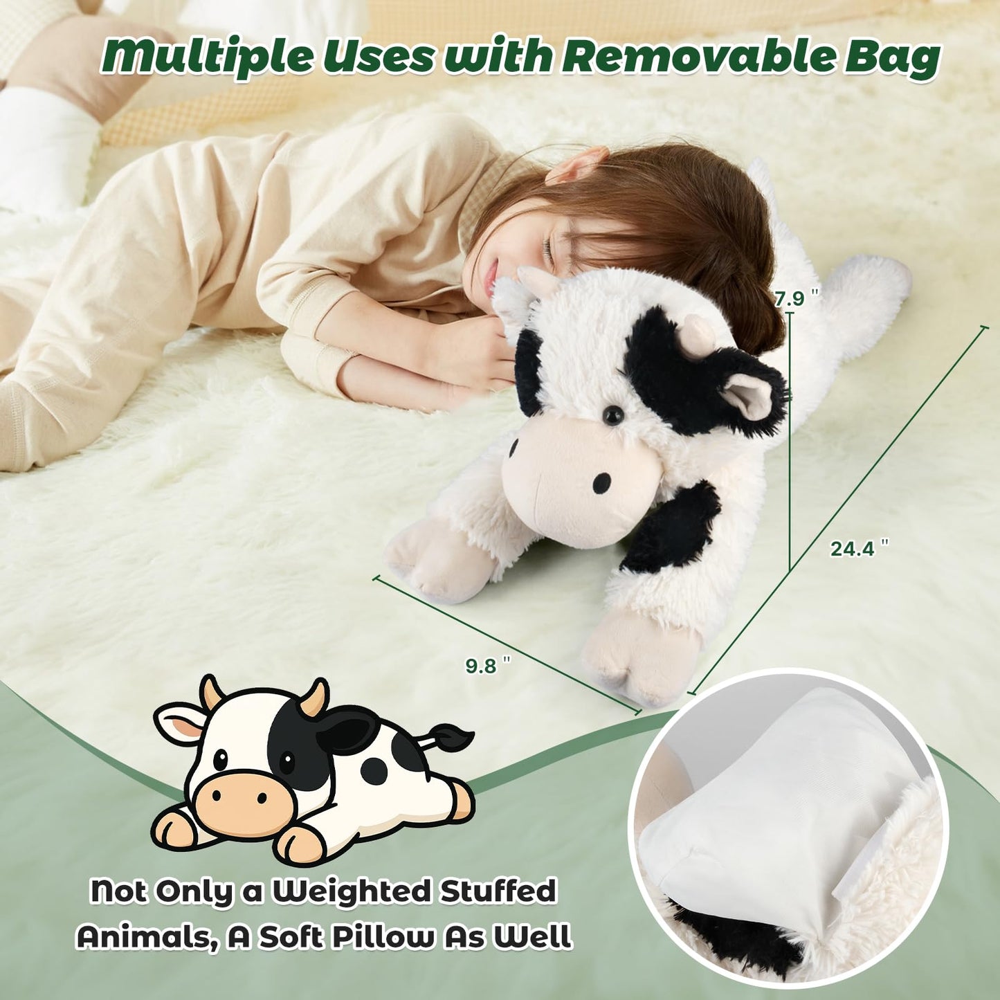 Bobbie & Laxi 24" Weighted Cow Plush Toy, Black and White, Adjustable Sitting & Laying, Soft Cotton Cuddly Gift for Kids & Adults
