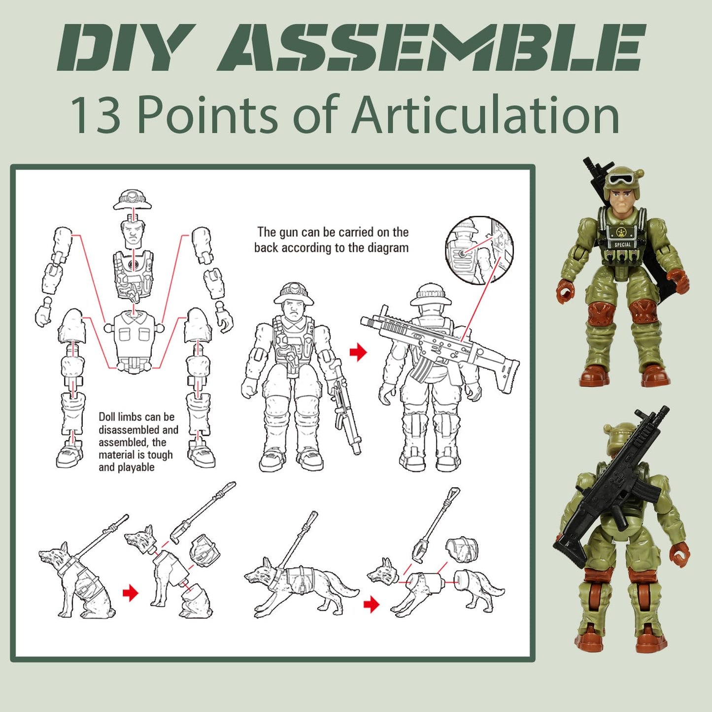 HAPTIME Army Men Action Figures with   Toy Soldiers for Boys  Plastic Army Toys for Boys 6-8  Birthday Gift for Military Collectors (6Pcs Green)