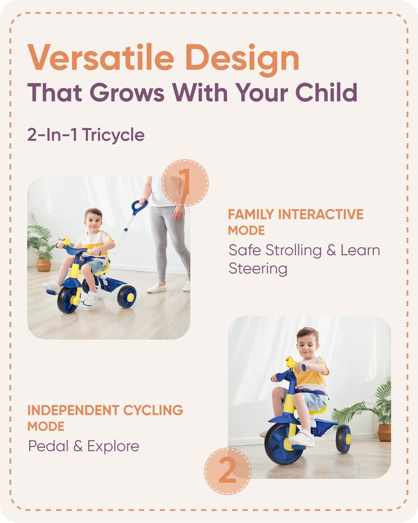KRIDDO 2 in 1 Kids Tricycle, EVA Wheels, Push Handle, Age 18 Months to 3 Years, Blue