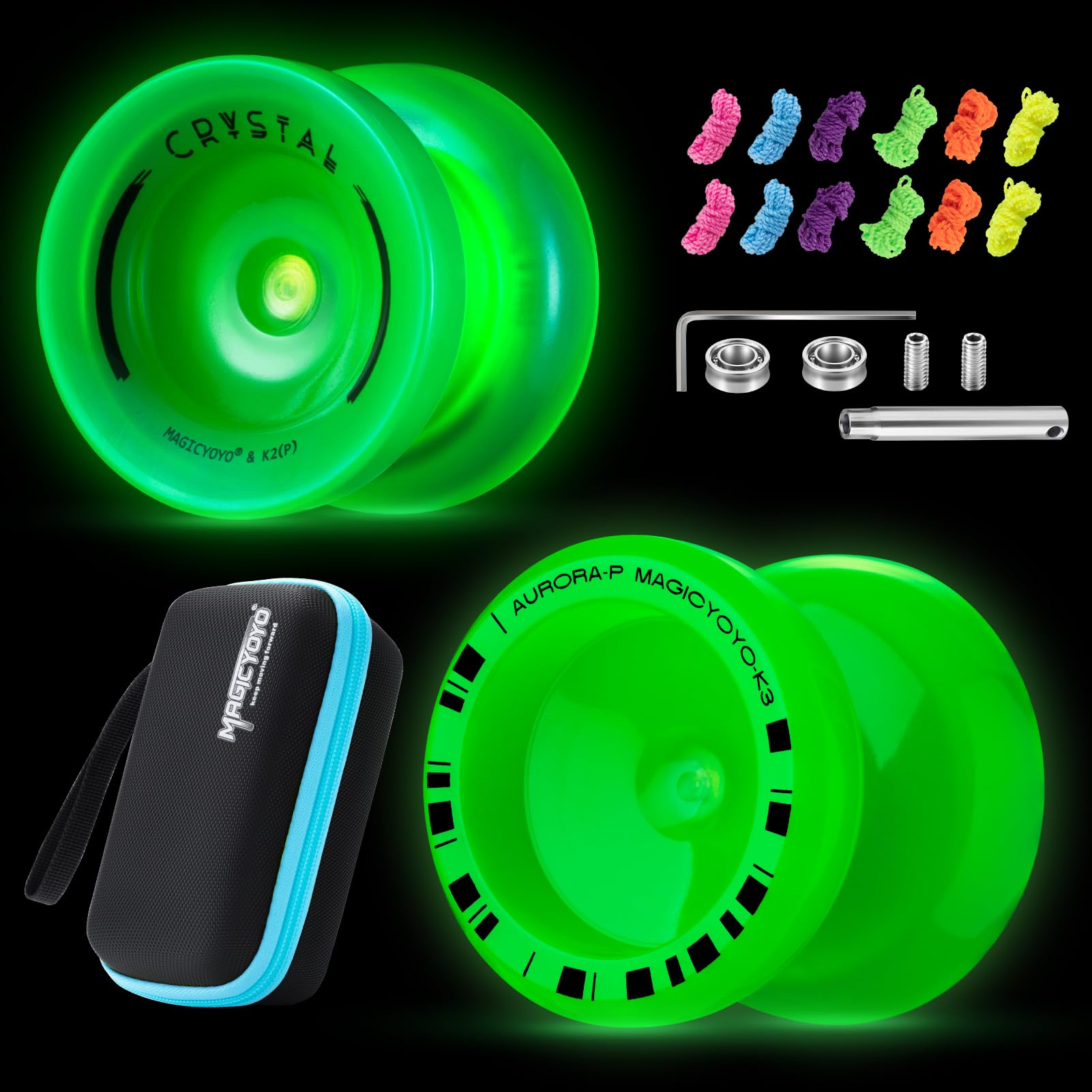 MAGICYOYO Fingerspin Yoyo Glow-in The Dark  Dual Purpose Responsive & Unresponsive Yoyo for Kids 8-12  Plastic Professional Yo Yos for mature-themeds  Complete yo-yo Accessories Included (K2+K3 Glow Green)
