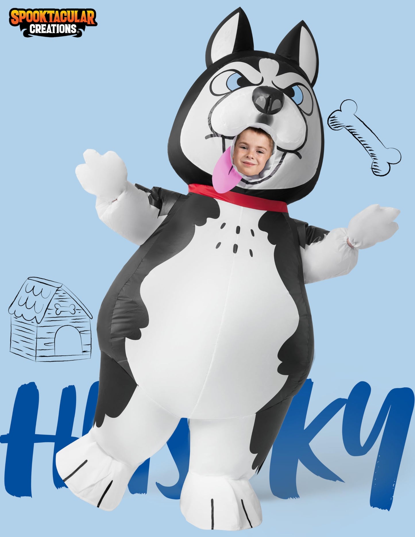 Spooktacular Creations Kids Husky Inflatable Costume, Medium Gray Polyester Full Body Dog Suit for Halloween Cosplay Parties